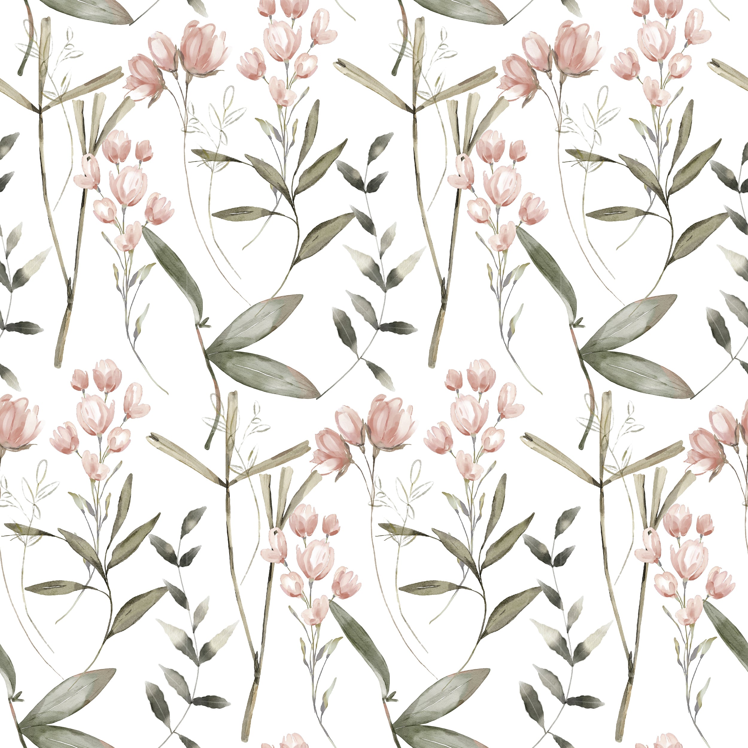 Close-up view of the Springtime Sonata Wallpaper, showcasing its intricate design of pale pink tulips and dark green foliage. The detailed botanical pattern is set against a crisp white backdrop, offering a fresh and vibrant look that is perfect for modern home decor