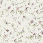Detailed close-up of Irene Floral Wallpaper, showcasing a delicate pattern of green leaves and pink flowers on a soft white background, giving a sophisticated and natural feel.