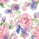 A detailed view of the Mystic Garden Wallpaper showcasing its watercolor floral pattern with vibrant roses and delicate flowers in soft pink, lavender, and blue hues, set against a light background. The wallpaper exudes a fresh, spring-like feel ideal for brightening any room.