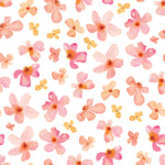 A close-up image of the Peachy Floral Wallpaper, showcasing a delicate watercolor pattern of pink and peach flowers with subtle yellow centers, scattered on a white background. The soft hues and fluid art style convey a fresh, spring-like feel.
