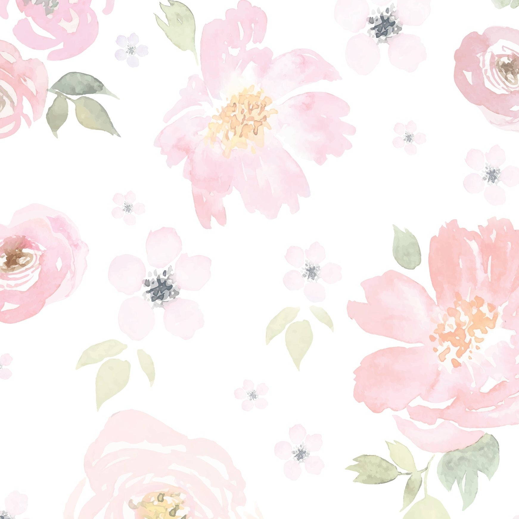 A seamless pattern of the 'Gentle Blossom Wallpaper', displaying watercolor blooms in shades of pink and green, conveying a delicate and airy feel, perfect for a light-filled interior space.