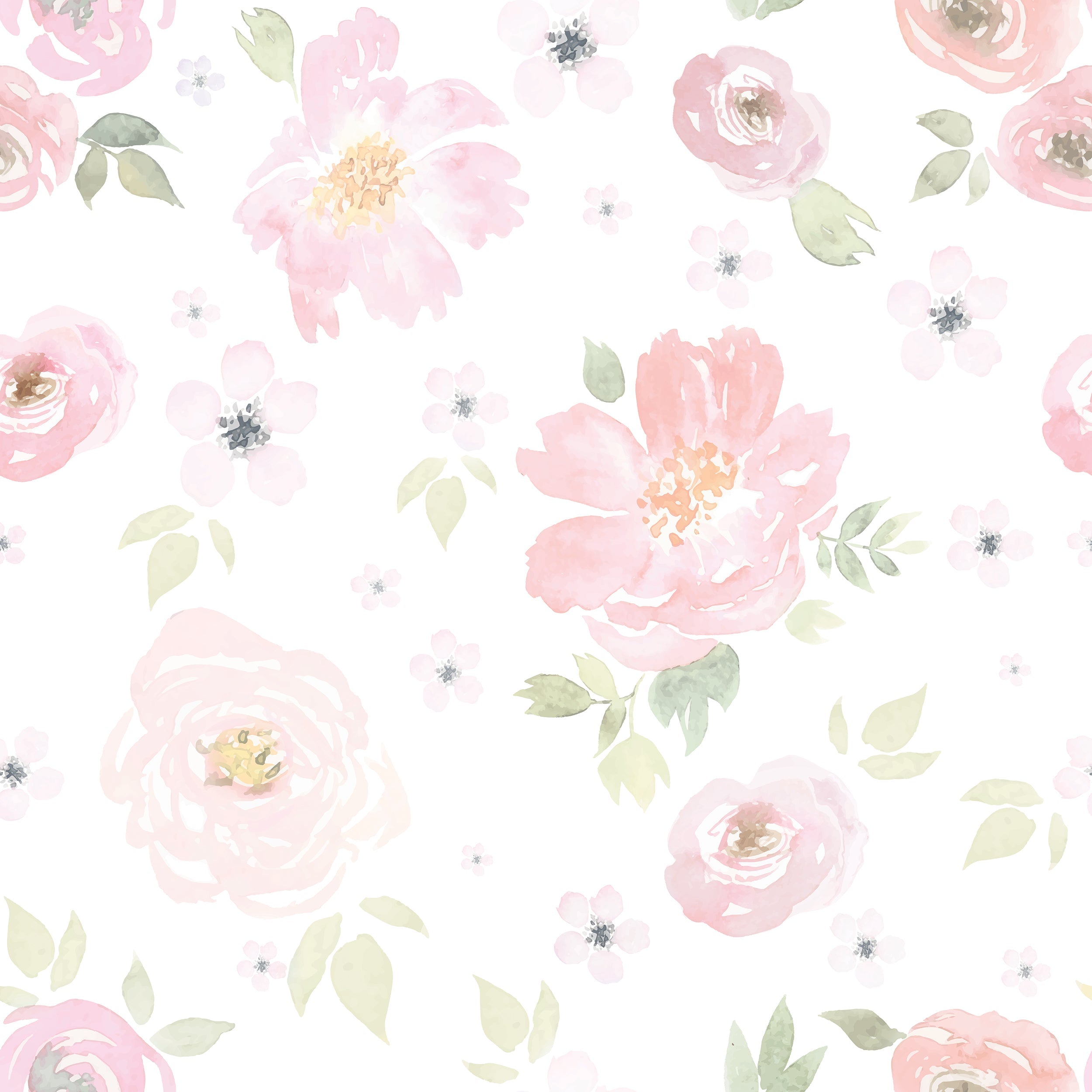 Close-up view of Gentle Blossom Wallpaper - 75", featuring a soft and romantic watercolor pattern of large pink peonies and smaller blossoms with green foliage on a white background. The delicate floral design evokes a sense of calm and beauty, perfect for creating a soothing ambiance in any space