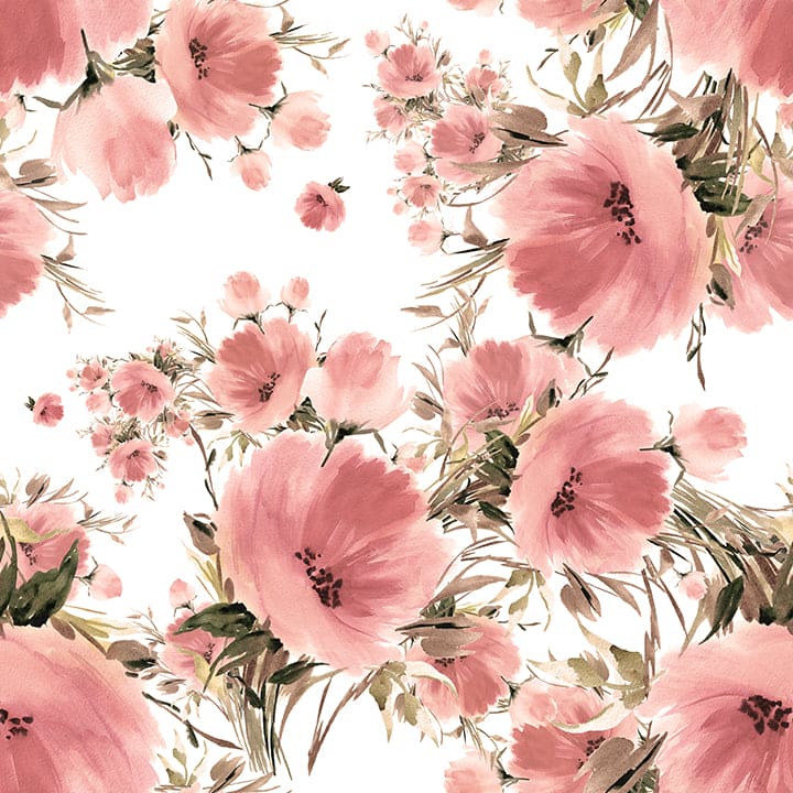 A close-up view of 'Grace Floral Wallpaper', featuring a pattern of large, soft pink flowers with detailed stamens and light green foliage, set against a white background. The design is delicate and airy, conveying a sense of lightness and springtime freshness