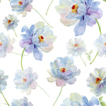 Close-up view of Watercolour Bliss Wallpaper displaying delicate watercolor flowers in shades of blue and pink with green stems, spread across a seamless white background.