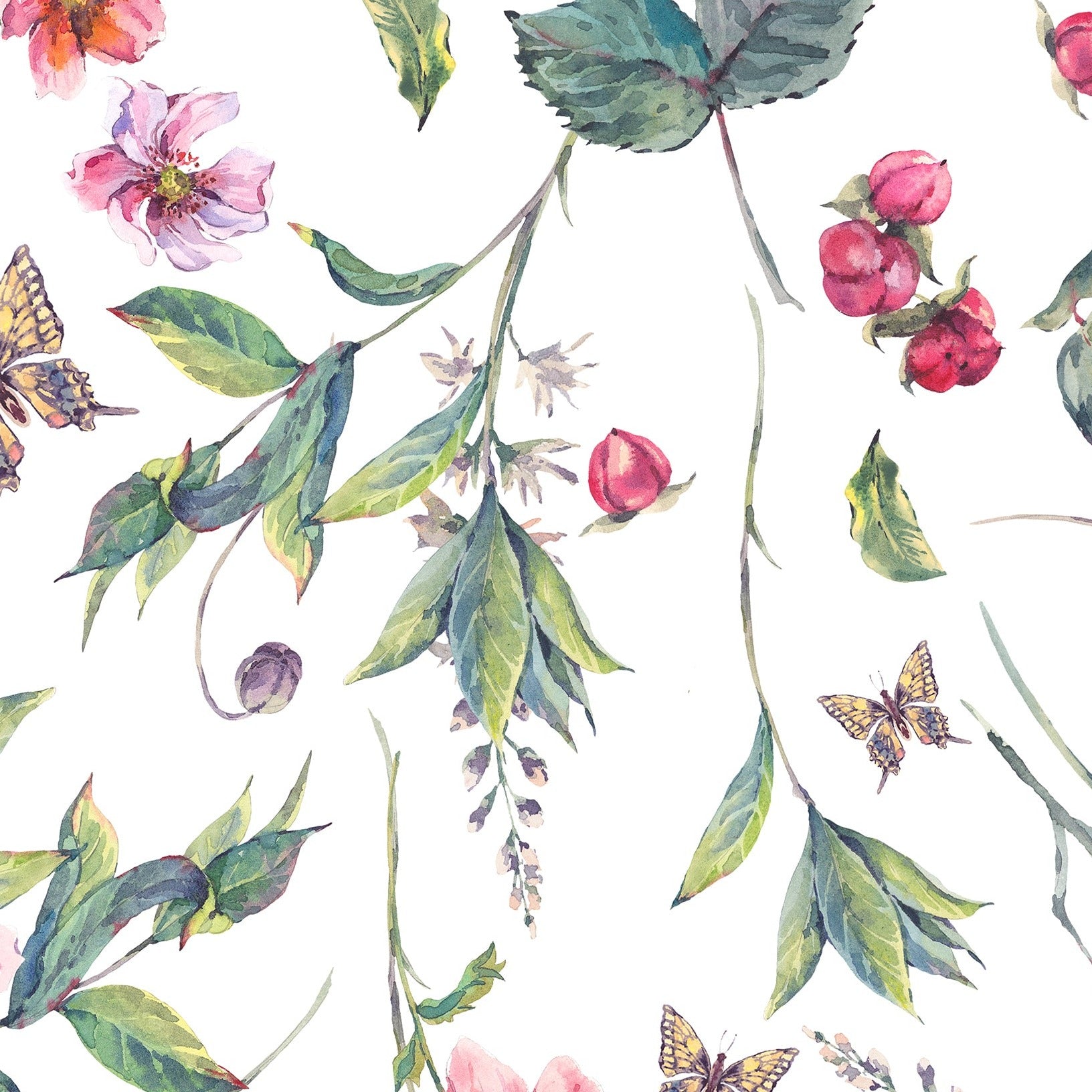 Close-up view of Graceful Garden Wallpaper showcasing detailed watercolor flowers in shades of pink and red, with green foliage and small butterflies, giving a vibrant, natural feel to the space.