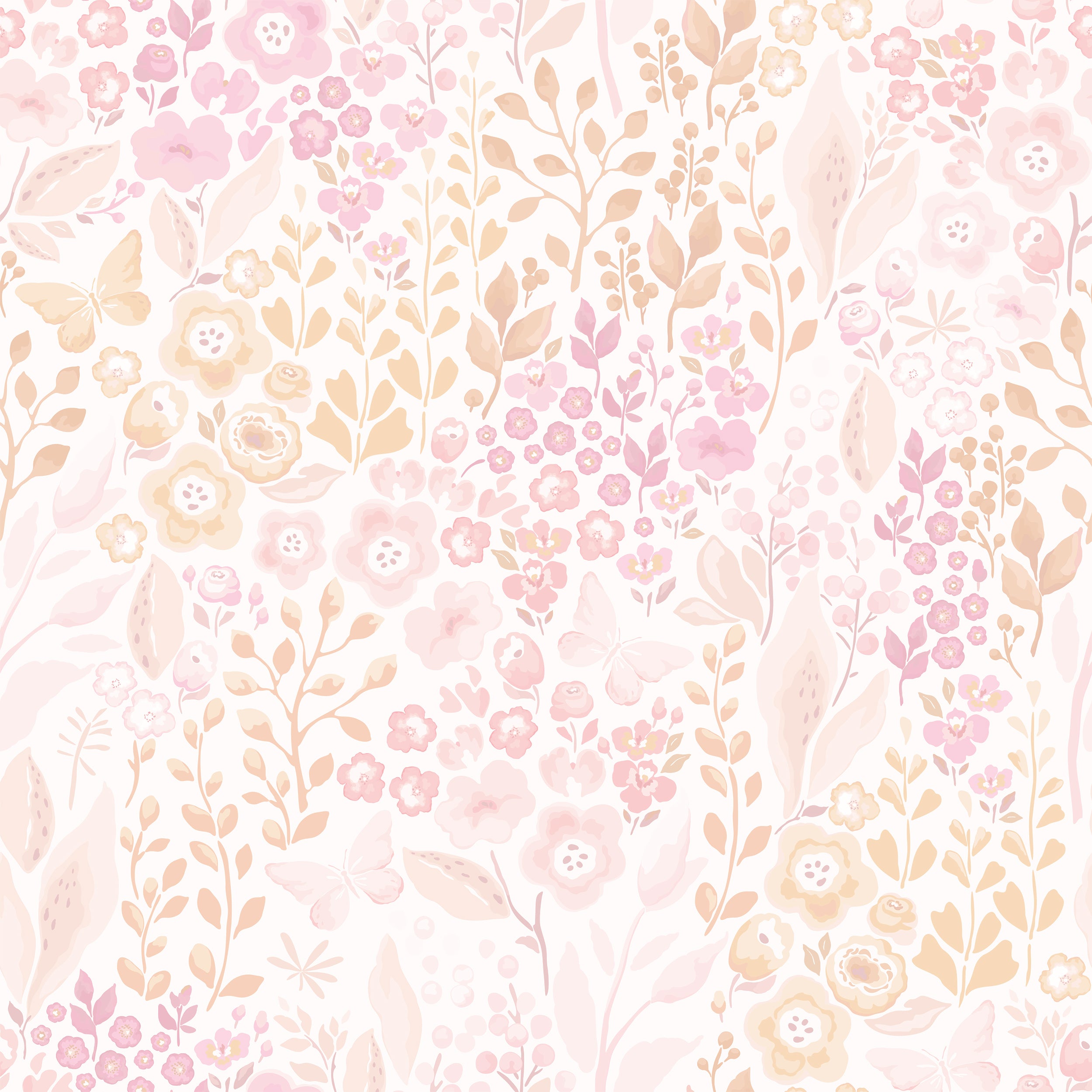Close-up view of the 'Pretty Petals Wallpaper', showcasing the intricate details of its pastel floral pattern. The wallpaper features a variety of blooming flowers and butterflies, evoking a serene, garden-like atmosphere.