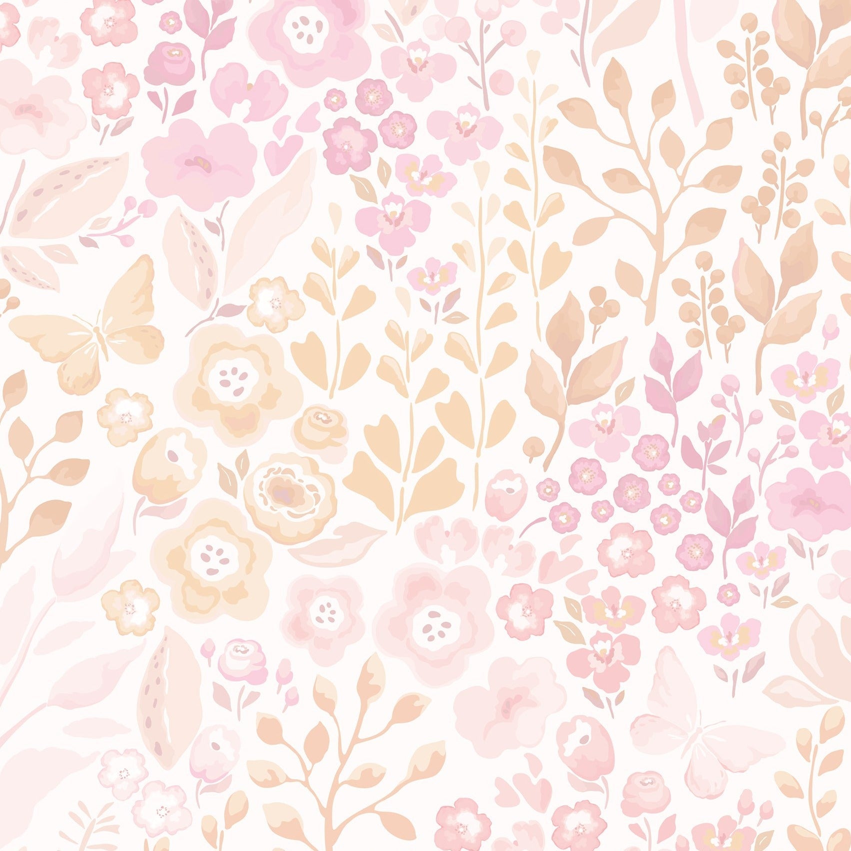 A close-up view of the Pretty Petals Wallpaper - 25" reveals a detailed and dainty pattern of pink flowers and foliage, expressing a hand-painted effect. This wallpaper is a testament to soft elegance, perfect for adding a gentle yet sophisticated touch to any interior.