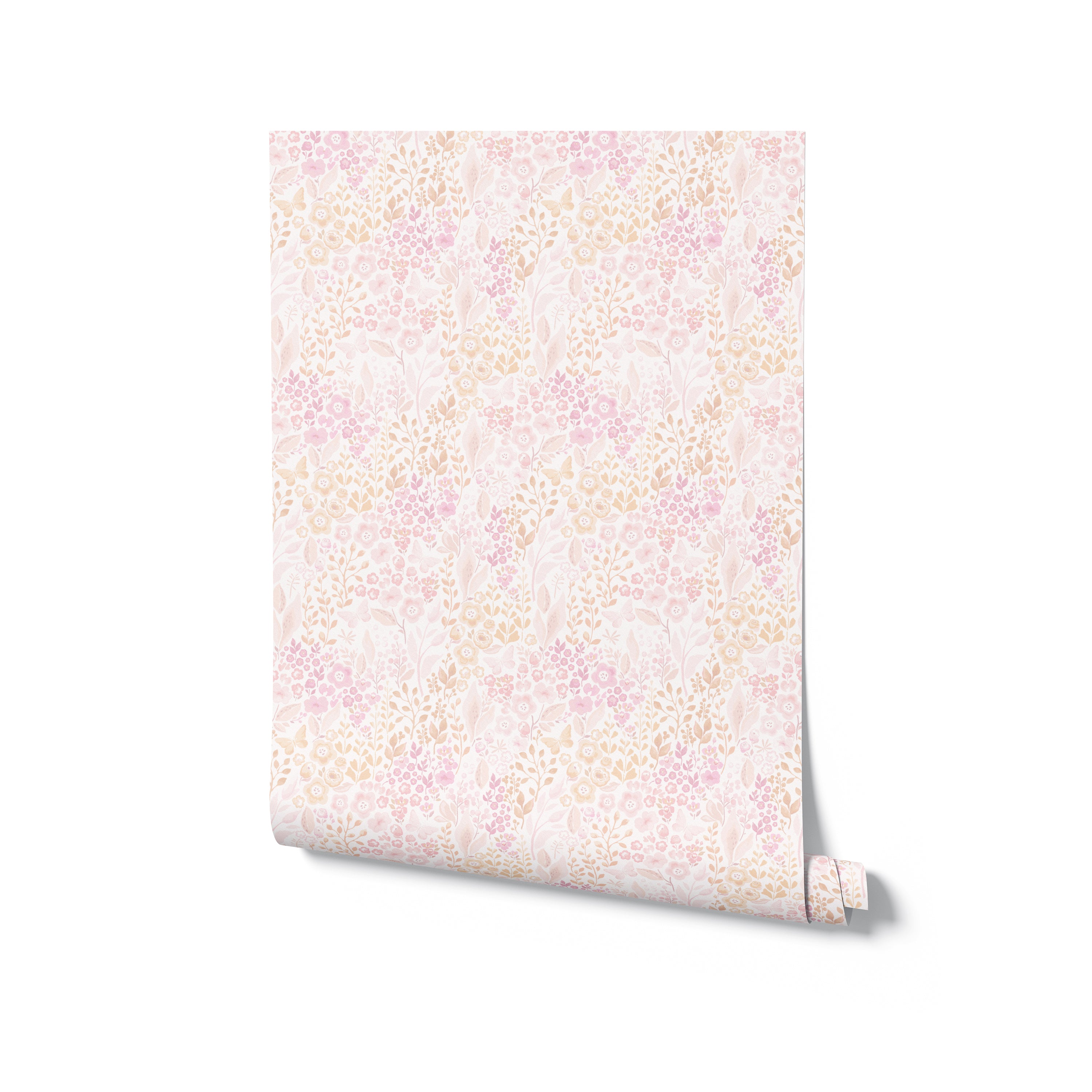 a roll of "Pretty Petals Wallpaper - 12.5"." The image showcases the wallpaper roll partially unrolled to reveal the continuous, delicate floral print. It's an illustration of the product ready for application, highlighting the intricate and tender design ideal for a child's room or a feminine space.