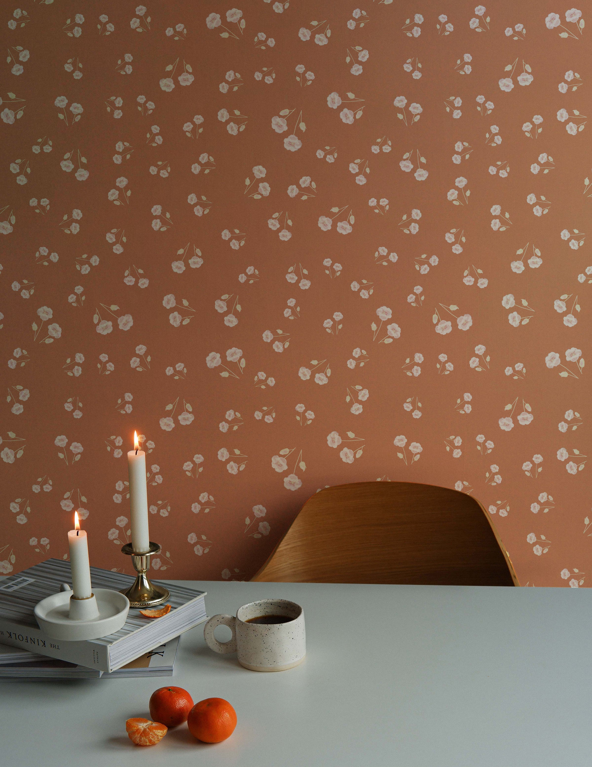 A stylish home office space enhanced by the Sienna Floral Wallpaper. The wallpaper adds a touch of sophistication with its floral pattern, creating an inviting atmosphere for work or relaxation.