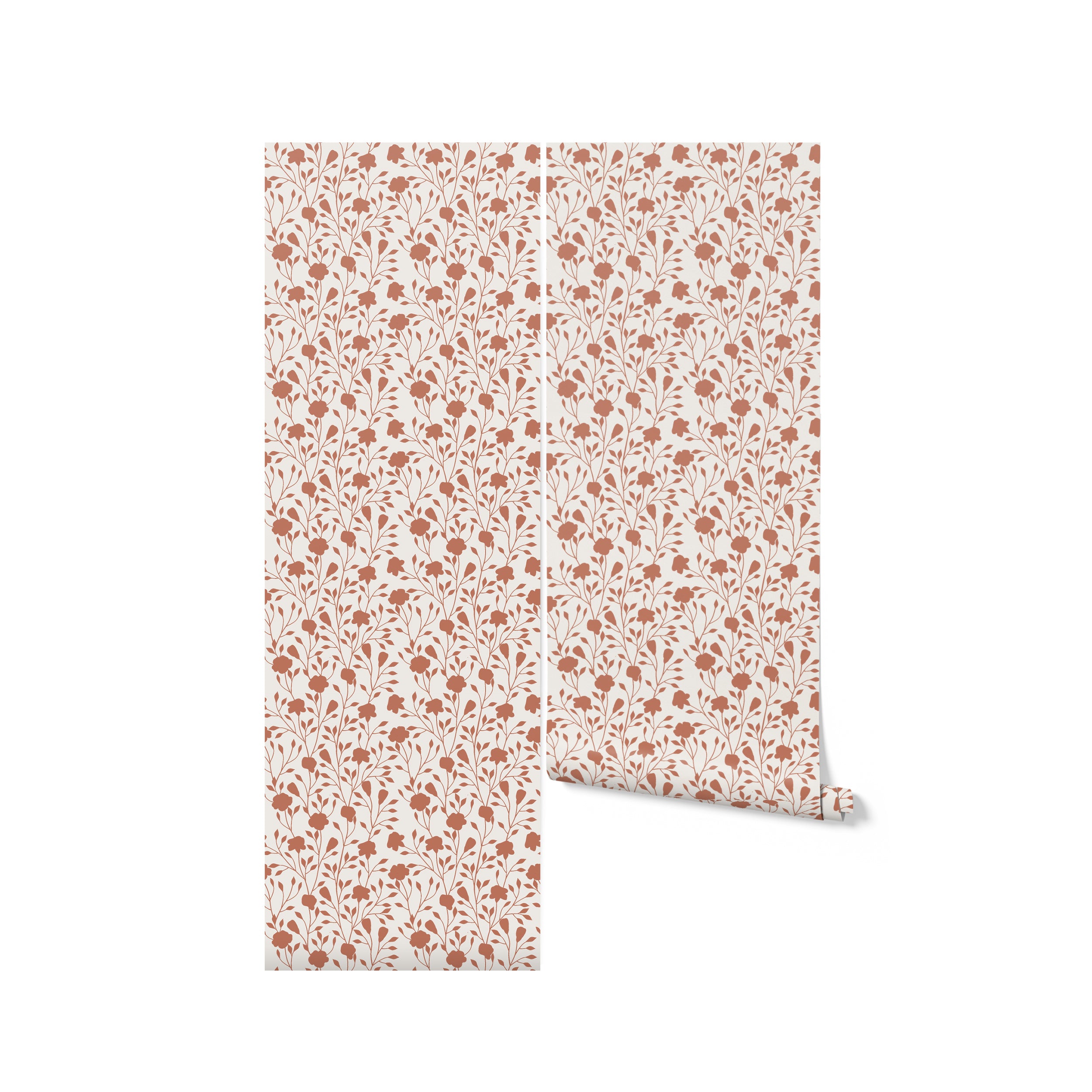 A roll of Garden Gaze Wallpaper displayed vertically, showing the elegant terracotta floral pattern on an ecru background. This presentation emphasizes the wallpaper’s potential to transform home spaces with its graceful and organic design.