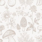 A detailed pattern of the 'Mushroom Garden Wallpaper' showcasing an array of hand-drawn mushrooms and botanical elements. The beige tones on a white background provide a subtle, natural look ideal for a space seeking a touch of the outdoors