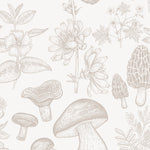 A detailed pattern of the 'Mushroom Garden Wallpaper' showcasing an array of hand-drawn mushrooms and botanical elements. The beige tones on a white background provide a subtle, natural look ideal for a space seeking a touch of the outdoors