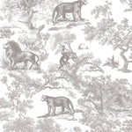 Patterned wallpaper with leopards, lions, and monkeys in a natural setting.