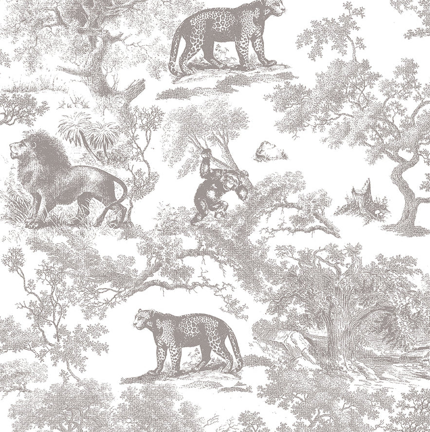 Patterned wallpaper with leopards, lions, and monkeys in a natural setting.
