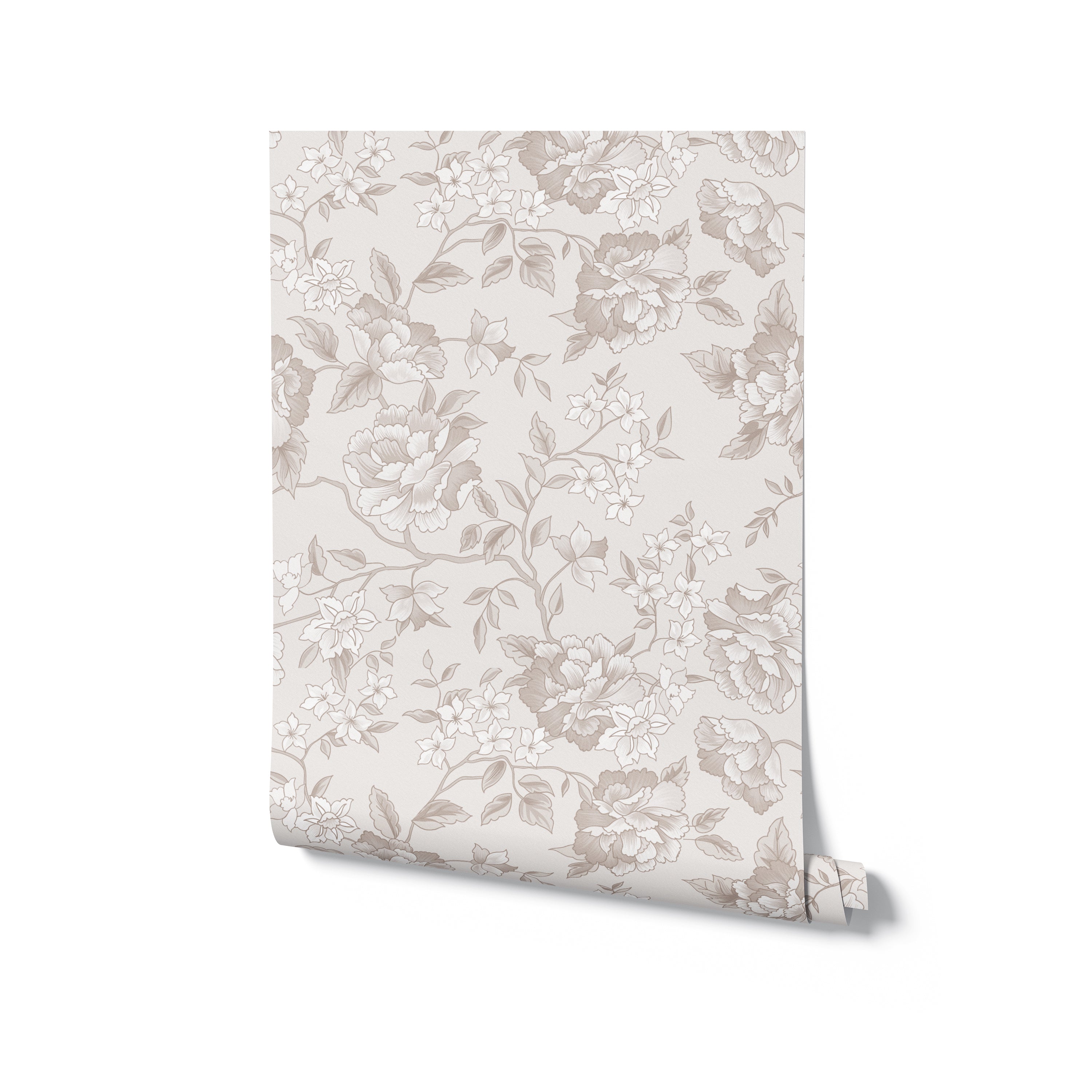 A rolled-out section of the Ornamental Garden Wallpaper, featuring a beige background adorned with a detailed pattern of ornate floral illustrations in various shades of taupe. The elegant blooms and foliage provide a classic and sophisticated design for wall covering.