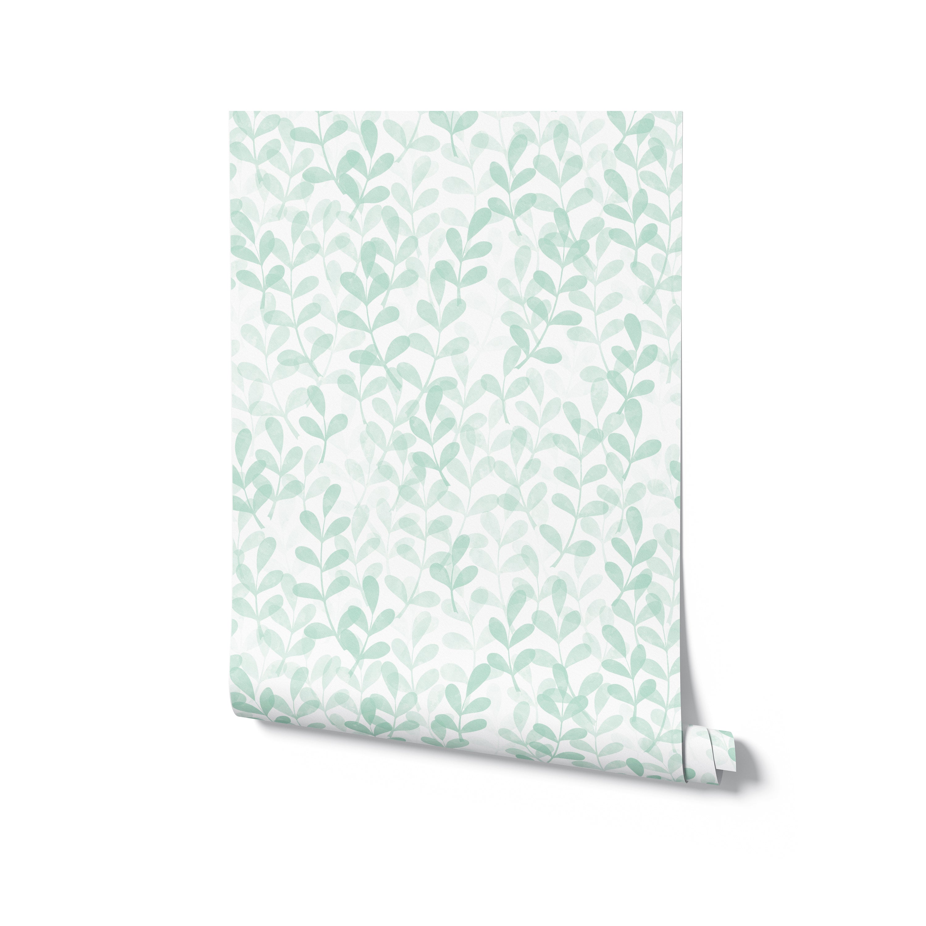 A roll of wallpaper displaying a mint green leafy pattern on a white background. The small leaves are arranged in a vertical pattern, providing a refreshing and soothing look.