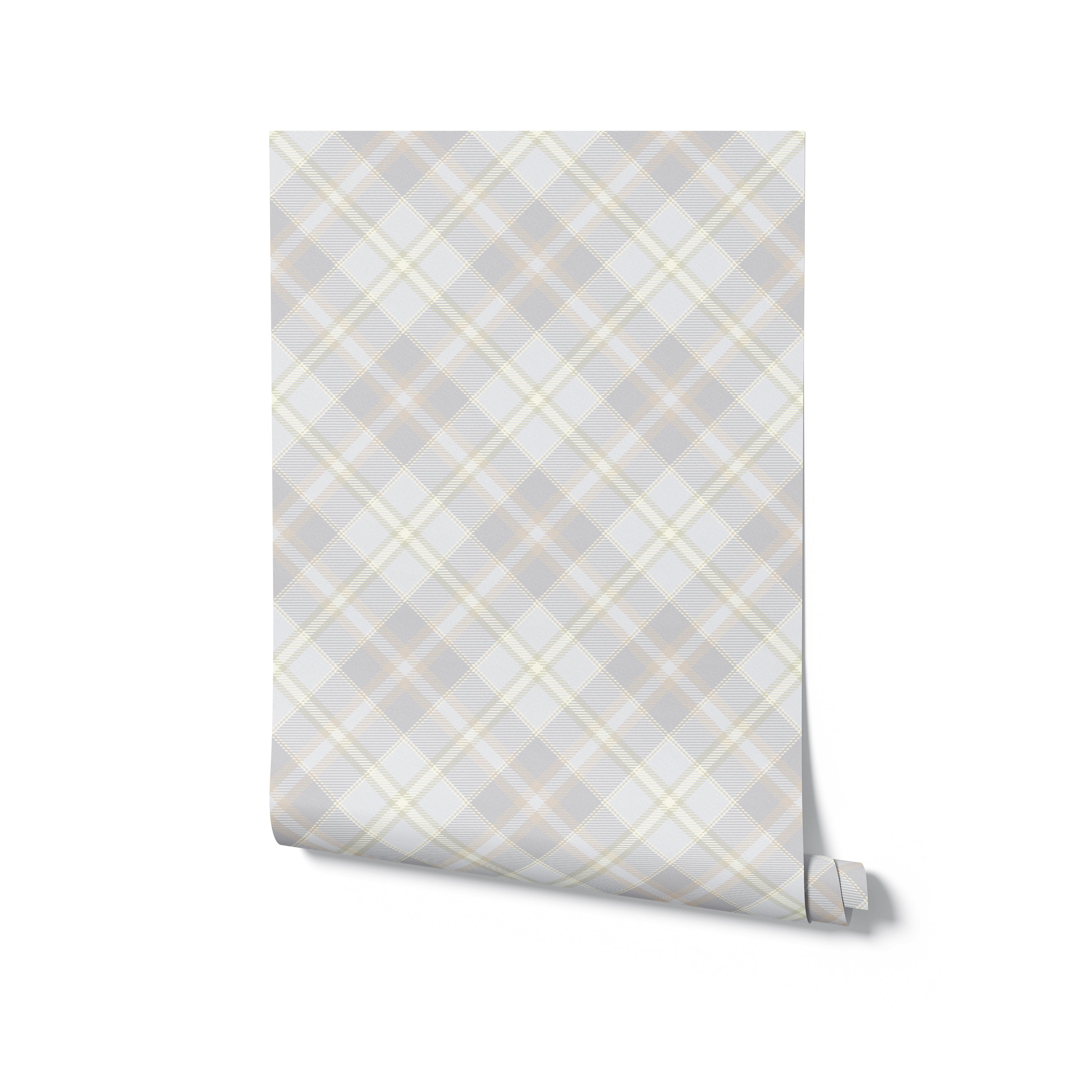 A roll of Misty Tartan Plaid Wallpaper showcasing the intricate crisscross design in muted gray and beige shades. The pattern is perfect for adding a subtle yet stylish touch to any room, blending well with various decor themes.