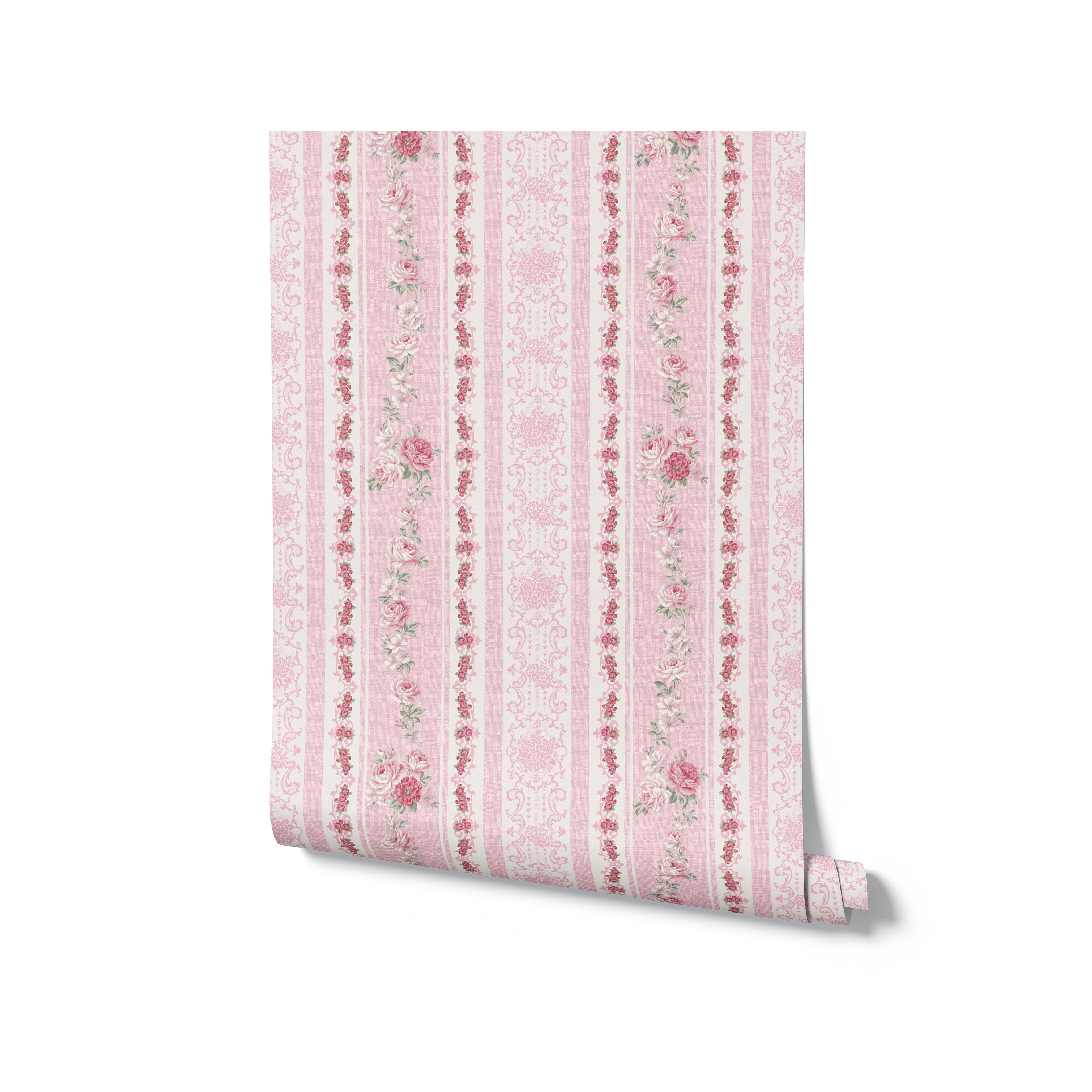 Rolled up piece of Vintage Rose Wallpaper against a white background. The wallpaper displays a traditional design with vertical pink stripes and intricate floral patterns in softer tones of pink and green.