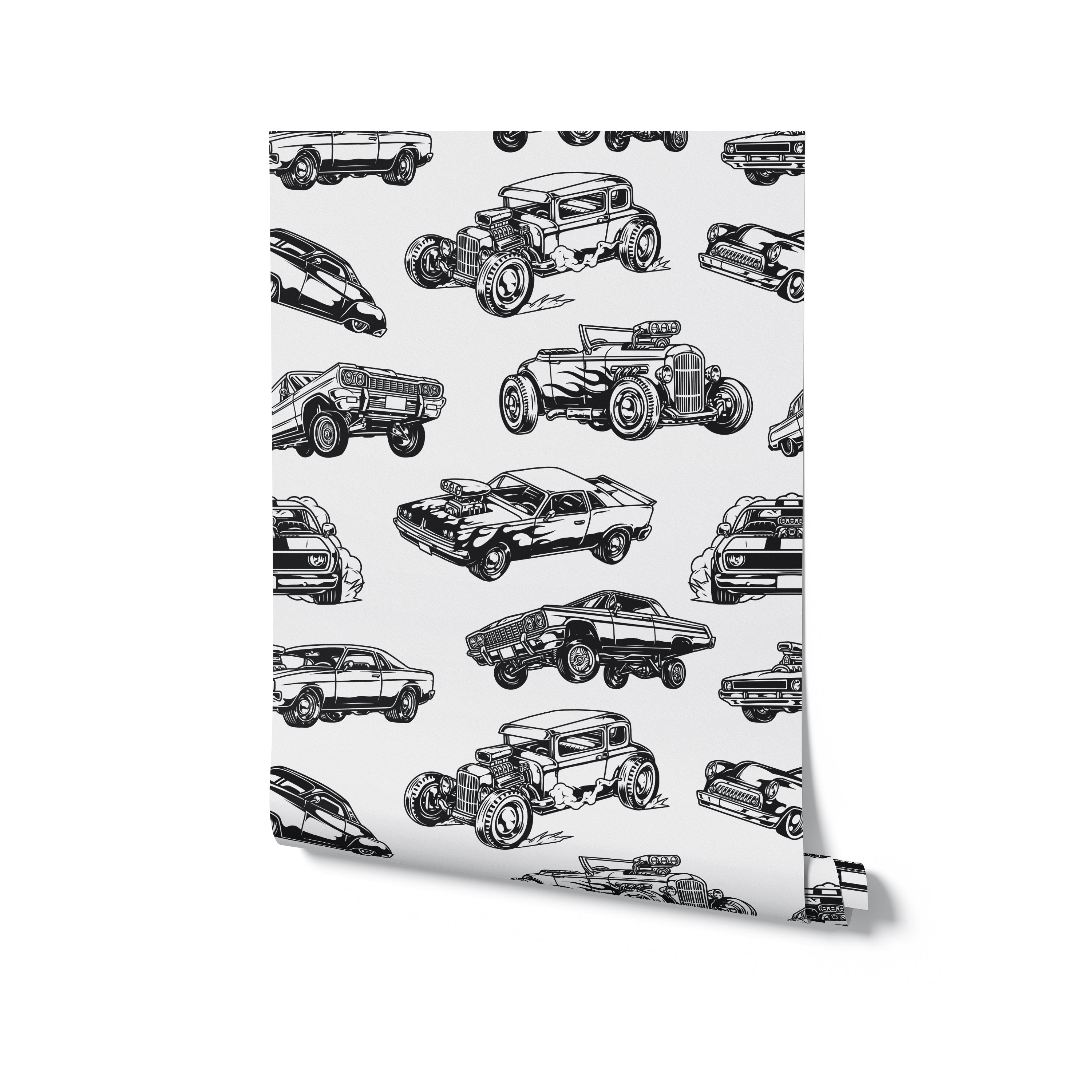 A roll of Vintage Cars Wallpaper featuring an array of classic cars from different eras in black and white. This image showcases the intricate details and timeless appeal of the wallpaper, perfect for transforming any room into a nostalgic showcase.