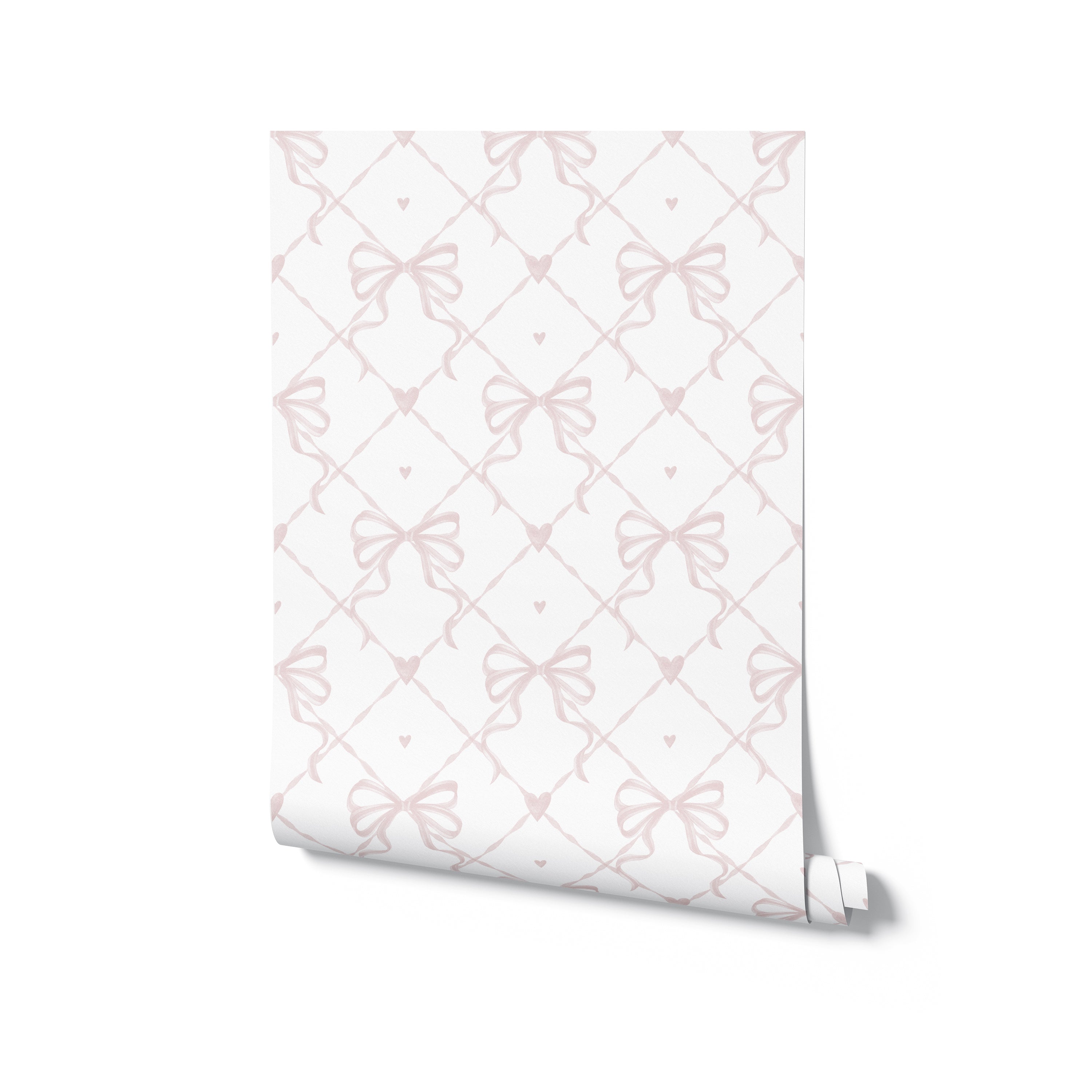 A roll of Delicate Watercolour Bows Wallpaper displaying the full design with elegant pink bows and small hearts on a crisp white background, ideal for adding a delicate and romantic touch to any room's decor.