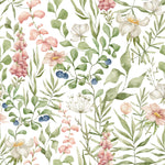 Close-up view of Watercolour Floral and Leaf Wallpaper II, displaying an artistic arrangement of pastel-colored flowers and green foliage with a gentle watercolor effect