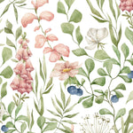 Close-up view of Watercolour Floral and Leaf Wallpaper II, displaying an artistic arrangement of pastel-colored flowers and green foliage with a gentle watercolor effect