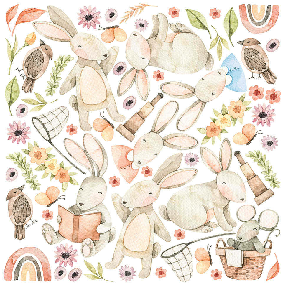 Watercolour bunny wall decals featuring various playful bunnies, birds, flowers, butterflies, and rainbows on a white background.