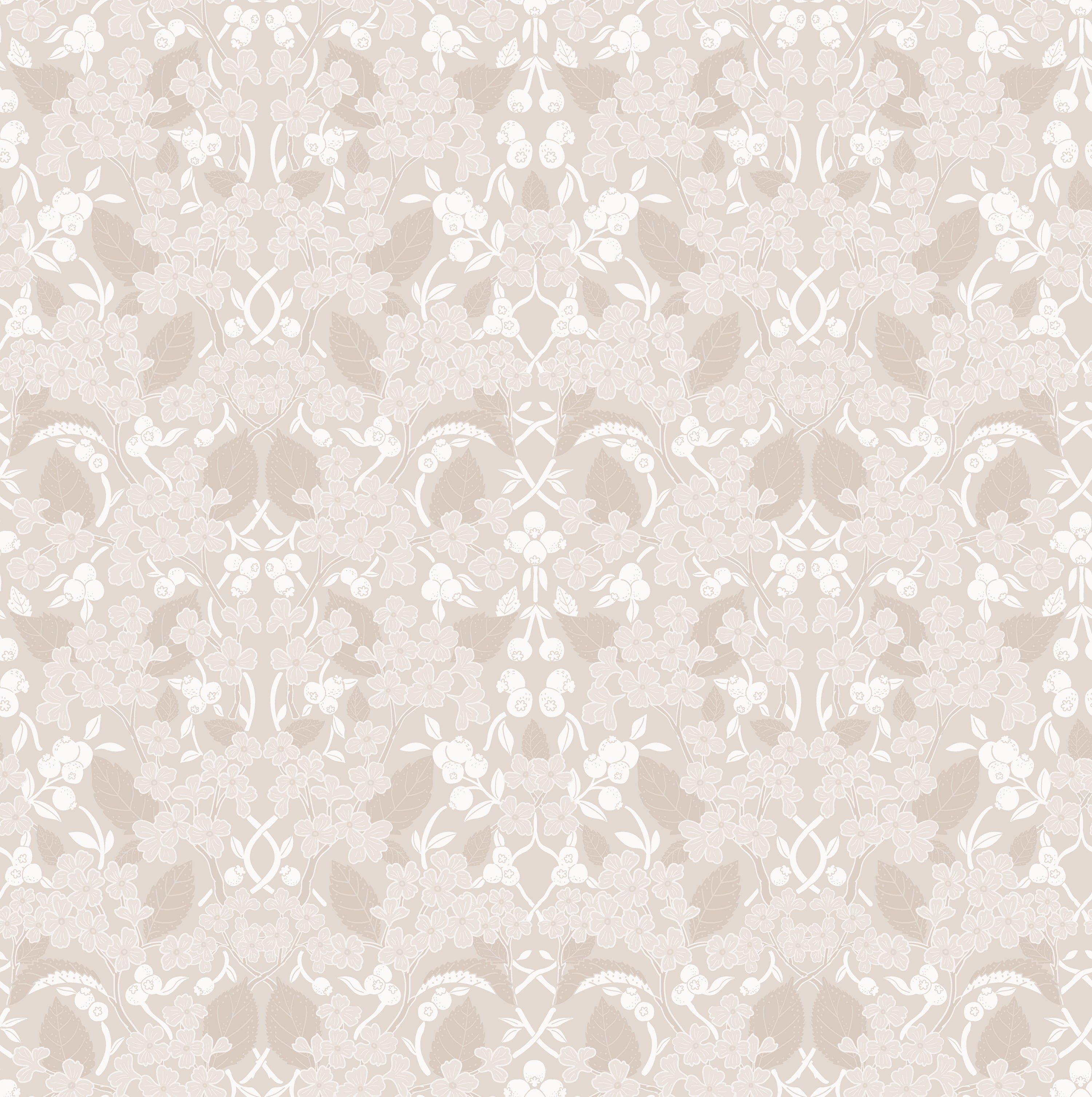 Close-up of the Linen Morris Wallpaper, showcasing its elegant floral and botanical motifs in soft beige and white hues. The design is intricate, adding a delicate and sophisticated touch to any wall it adorns
