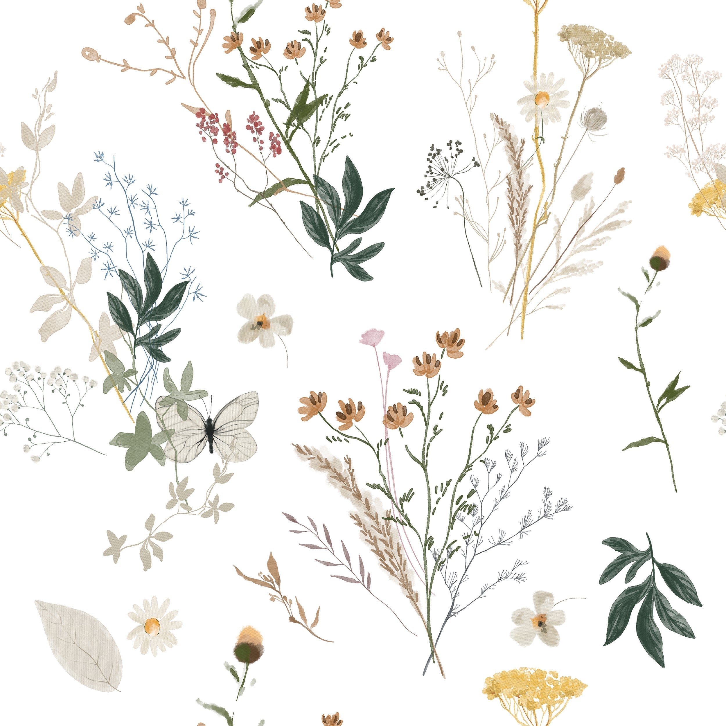 A beautifully detailed pattern of various botanical illustrations on a seamless wallpaper design. The image showcases a variety of delicate flowers, small butterflies, and leaves in soft, muted tones of green, yellow, and blue, creating a tranquil and natural aesthetic.