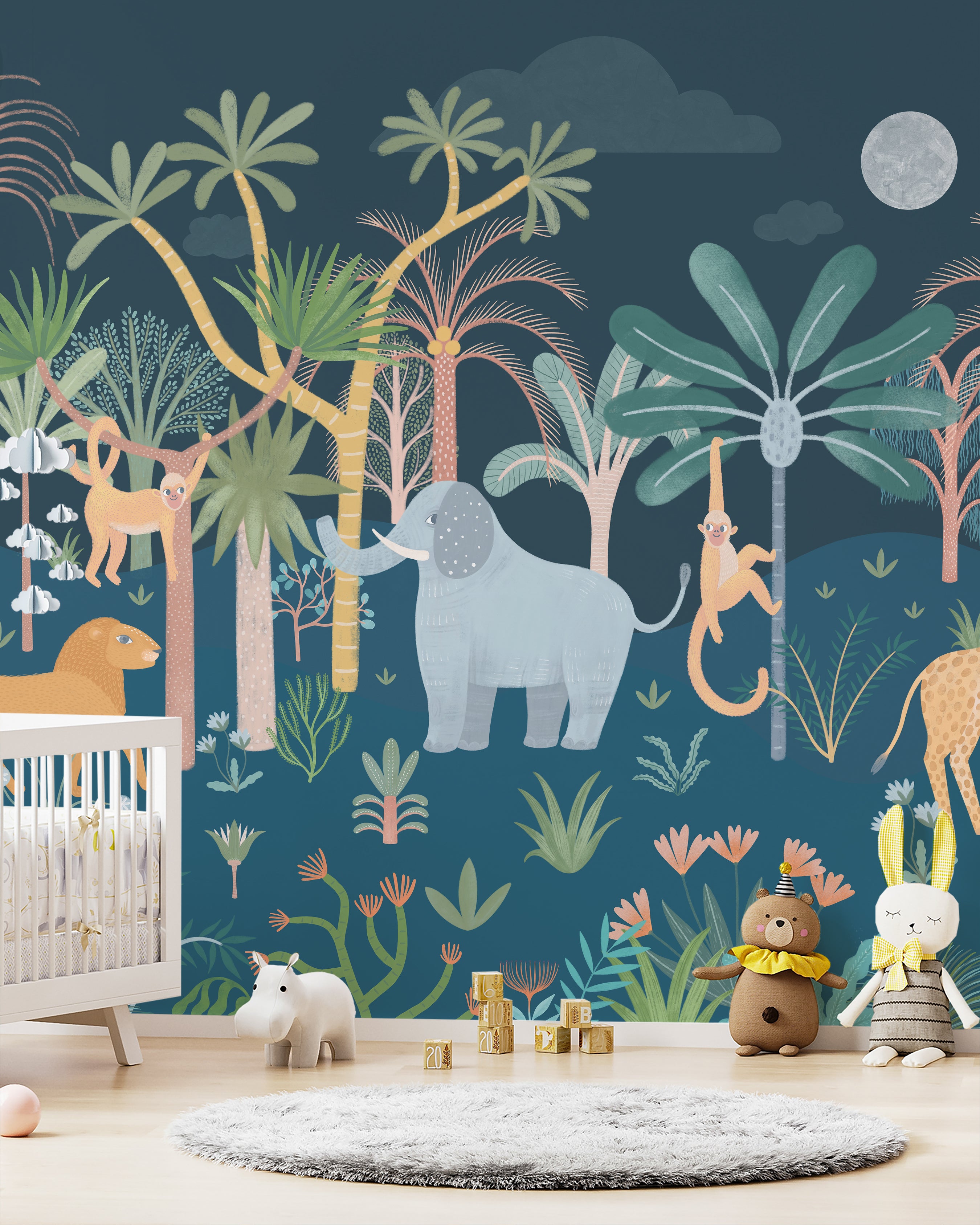 A nursery room transformed into a tropical paradise with the African Jungle Wallpaper Mural, displaying exotic animals and lush flora against a deep teal background, accompanied by children's toys and a crib