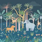 A vibrant and colorful mural featuring a whimsical jungle scene with a large grey elephant, playful monkeys, a prowling leopard, and abundant greenery under a starry night sky