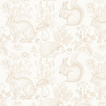 Seamless pattern of "Woodland Creatures Wallpaper" displaying a repetitive design of rabbits, hedgehogs, squirrels, mushrooms, and various plants in sepia tones on an off-white background, offering a rustic and enchanting ambiance to a room.