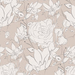 Close-up of the Floral Beauty Wallpaper detailing its intricate design of large blooms and delicate petals in white outline on a soft taupe background, offering a contemporary yet timeless look.