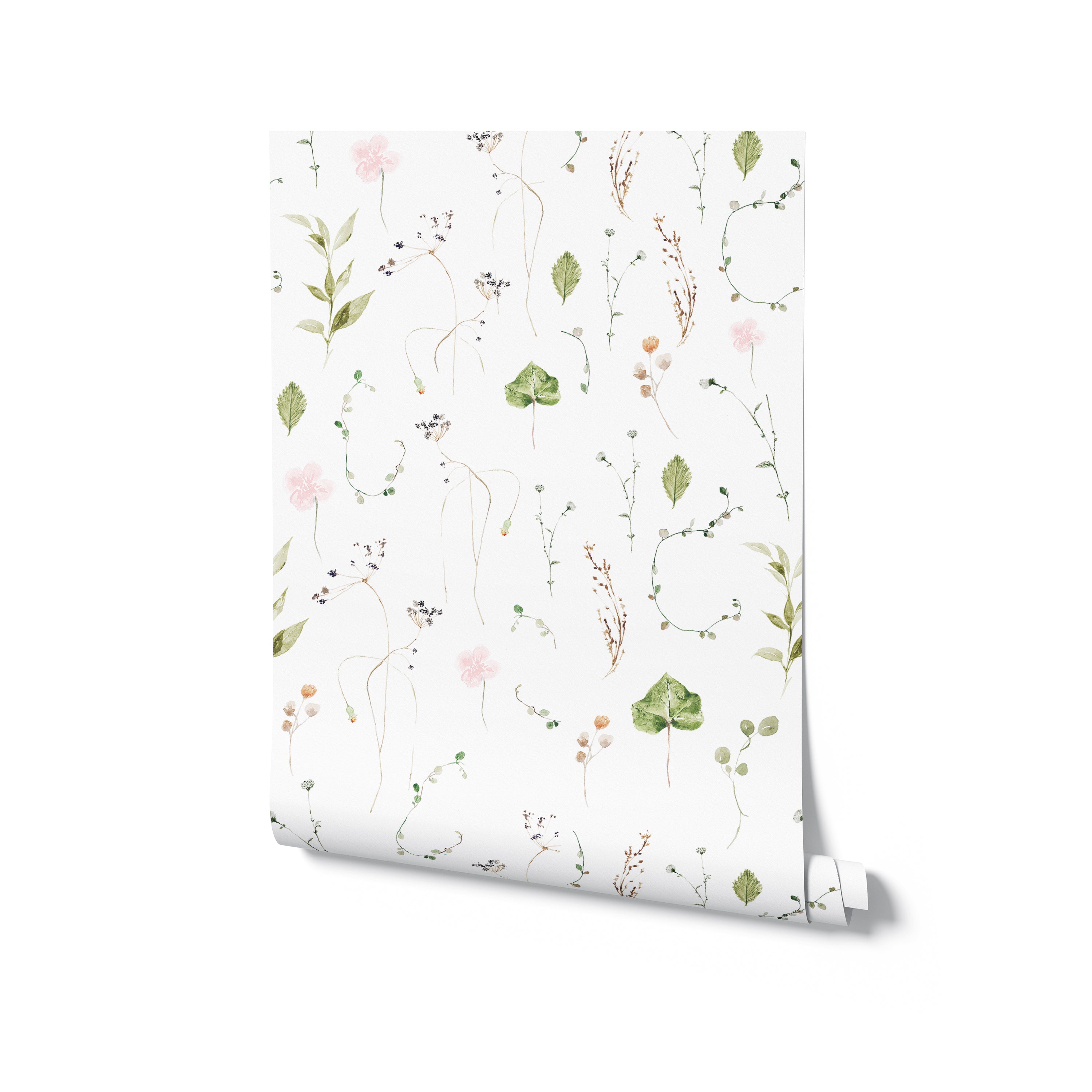 An image of the rolled Watercolour Floral Wallpaper in Blush Pink, revealing the subtle and soft design of the paper. The wallpaper features a pattern of pink flowers, delicate green leaves, and thin branches, all rendered in a gentle watercolor style that gives the impression of a hand-painted artwork. This wallpaper roll is indicative of the light and airy feel the pattern will bring to a space when applied to a wall.