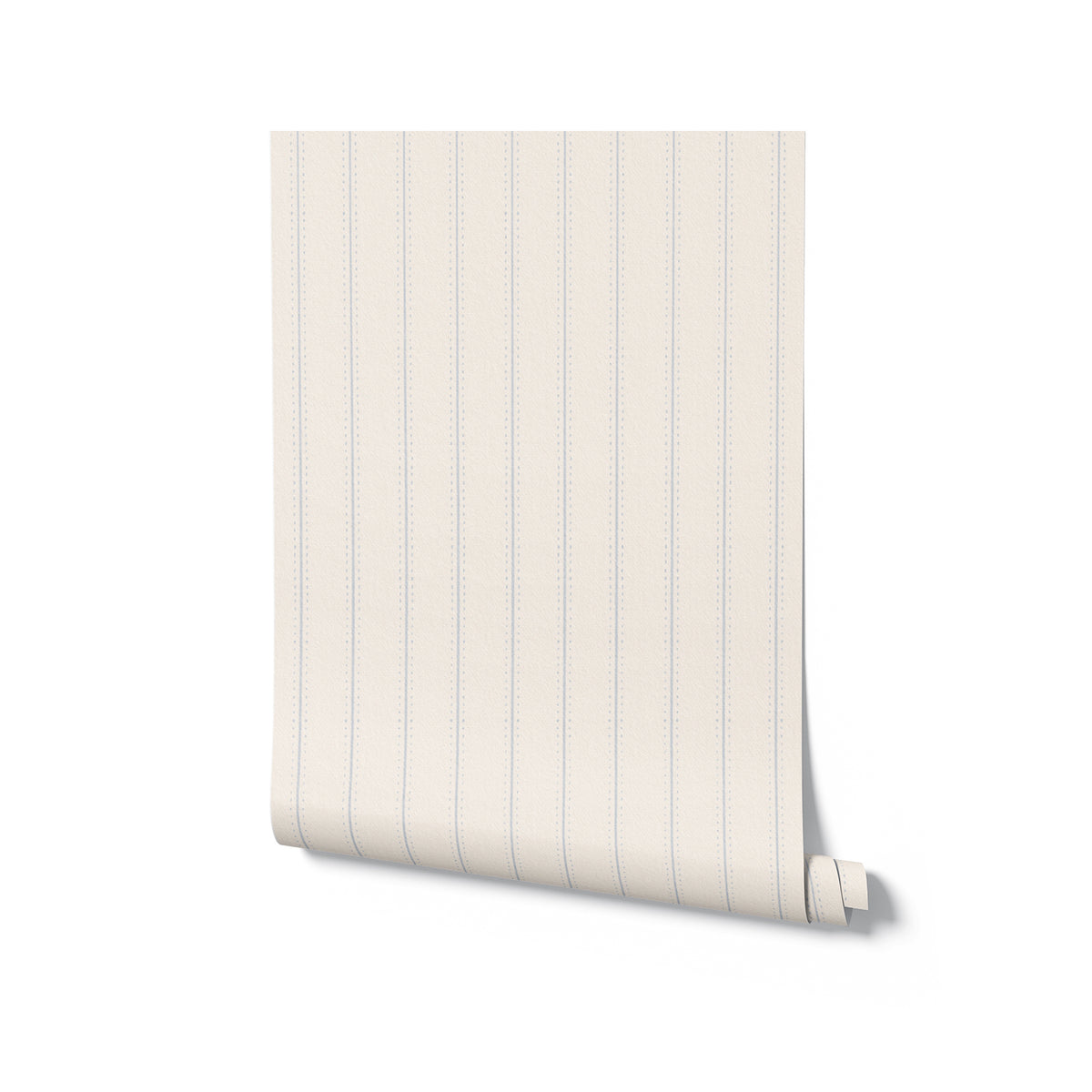 Roll of wallpaper with thin blue stripes on a white background
