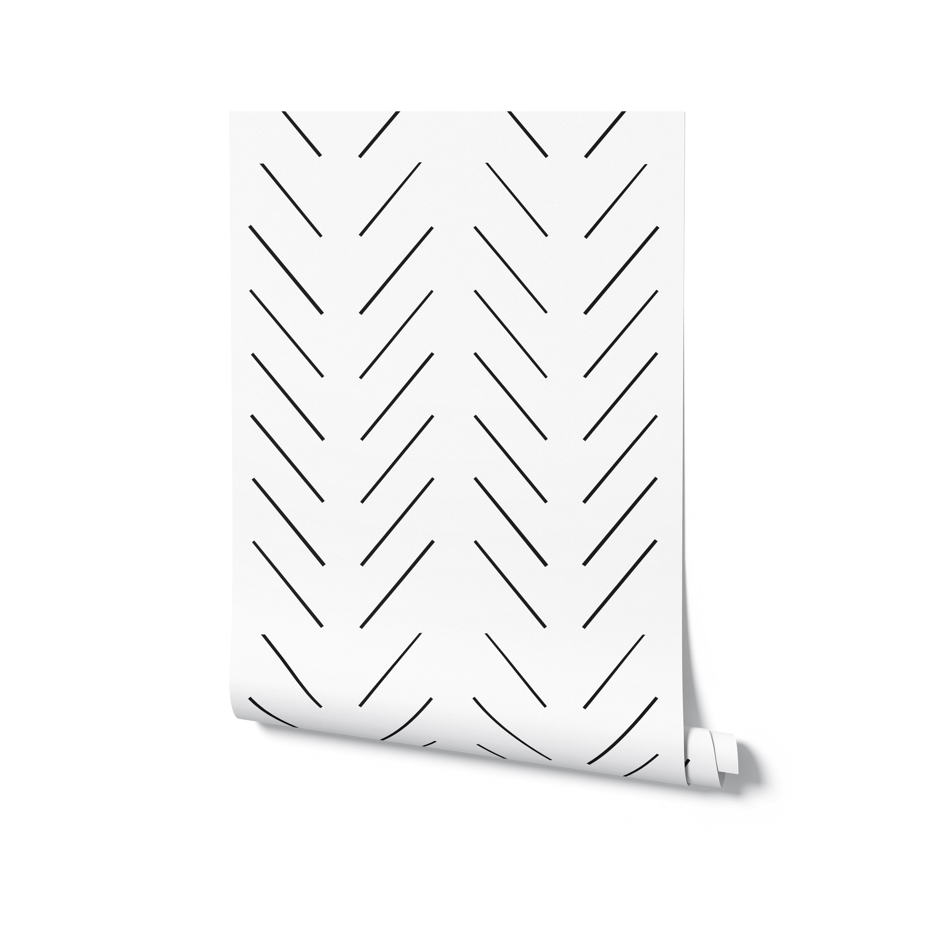 A roll of 'Minimal Line Wallpaper' presented against a white backdrop, displaying the wallpaper's contemporary design of black diagonal lines on a white surface, perfect for a minimalist decor theme.
