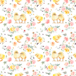 Close-up view of 'Spring Animal Watercolour Wallpaper' featuring adorable chicks and soft pink flowers against a black background, perfect for a vibrant and cheerful space
