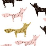 A playful pattern of illustrated foxes in colors of pink, yellow, and black, set against a white background. Each fox is stylized with polka dots and simple line details, adding a whimsical touch to this charming wallpaper design.