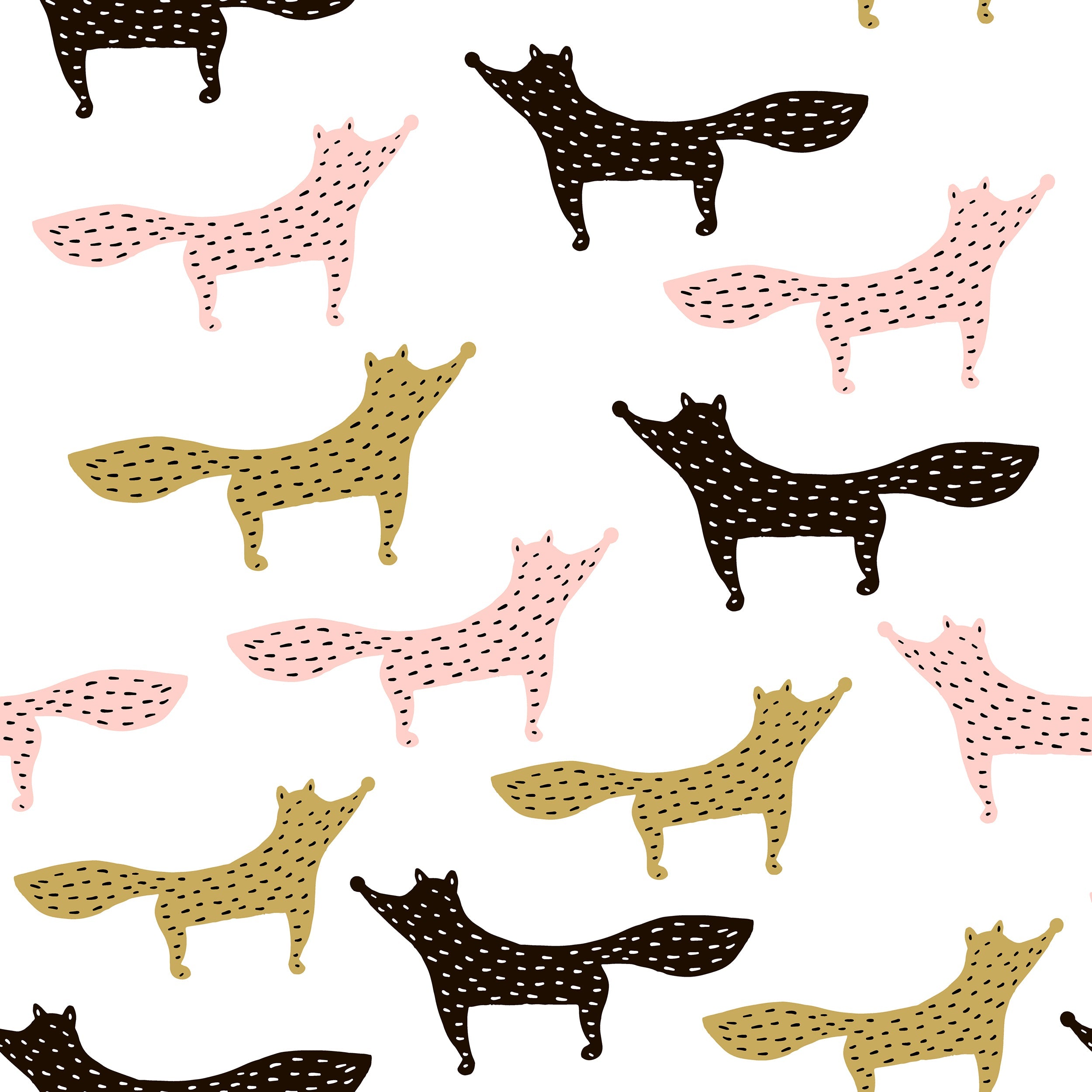 A playful pattern of illustrated foxes in colors of pink, yellow, and black, set against a white background. Each fox is stylized with polka dots and simple line details, adding a whimsical touch to this charming wallpaper design.