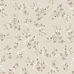 A display of Classic Floral Wallpaper - Ecru, featuring a delicate pattern of white and taupe flowers with dark green foliage on an ecru background, exuding a vintage charm and elegance.