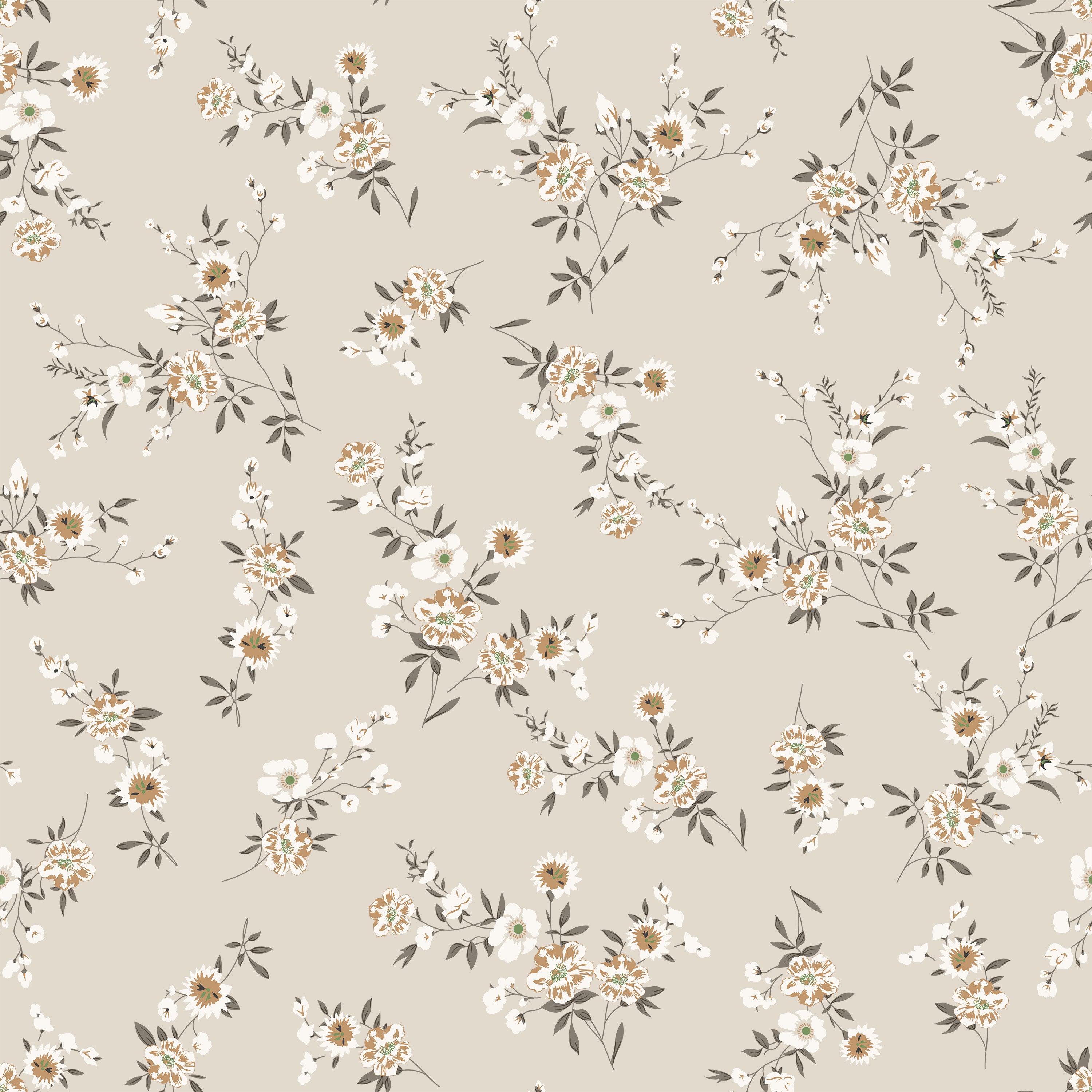 a close-up view of "Classic Floral Wallpaper - Ecru - 12.5" displaying an elegant pattern of white and beige florals and foliage on a neutral ecru background. The design exudes a timeless sophistication, with each flower delicately detailed to convey a sense of depth and texture.