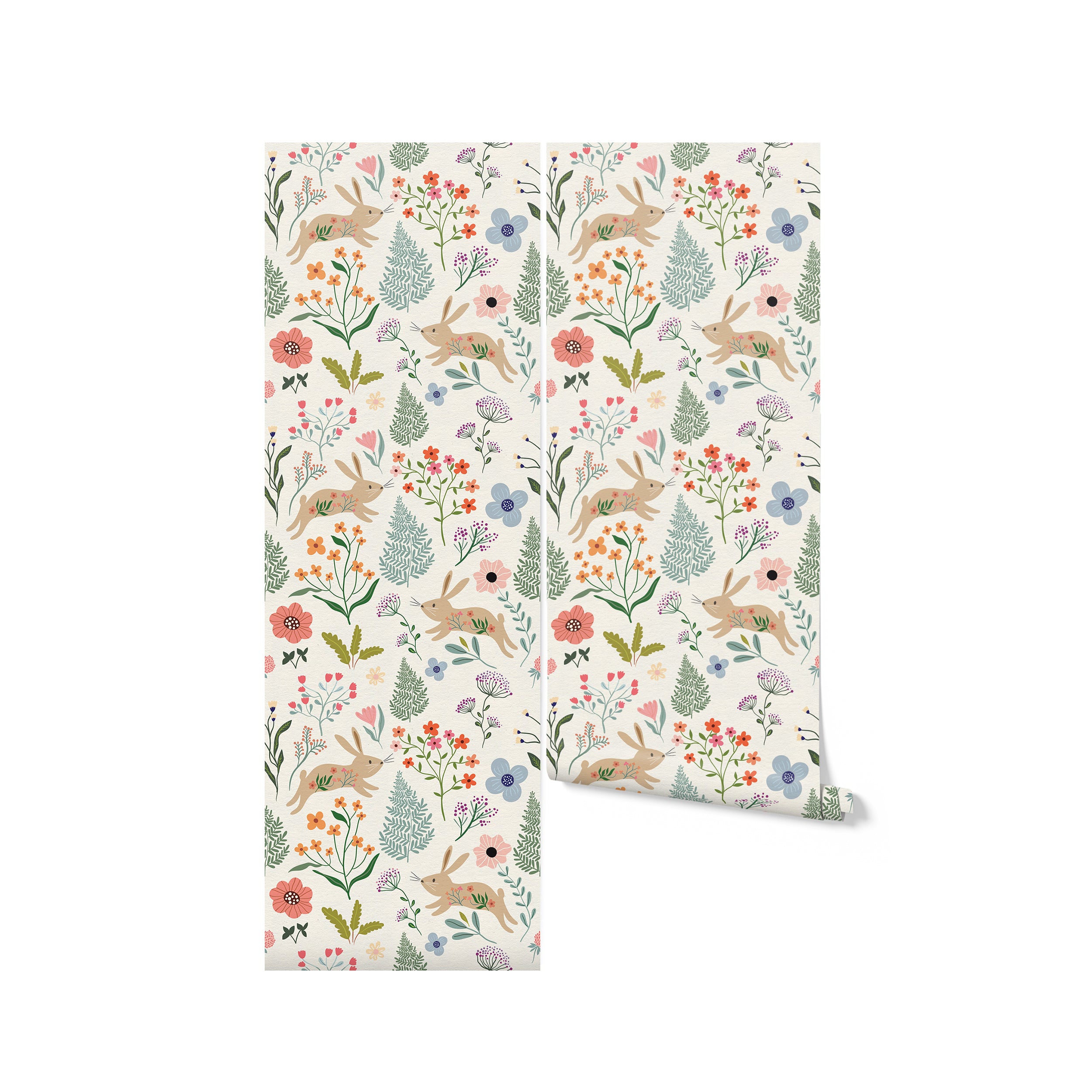 A rolled-up view of Colourful Spring Bunnies Wallpaper displaying a charming pattern of leaping bunnies surrounded by vibrant spring flowers and foliage on a neutral background, perfect for adding a playful yet soothing touch to interiors.