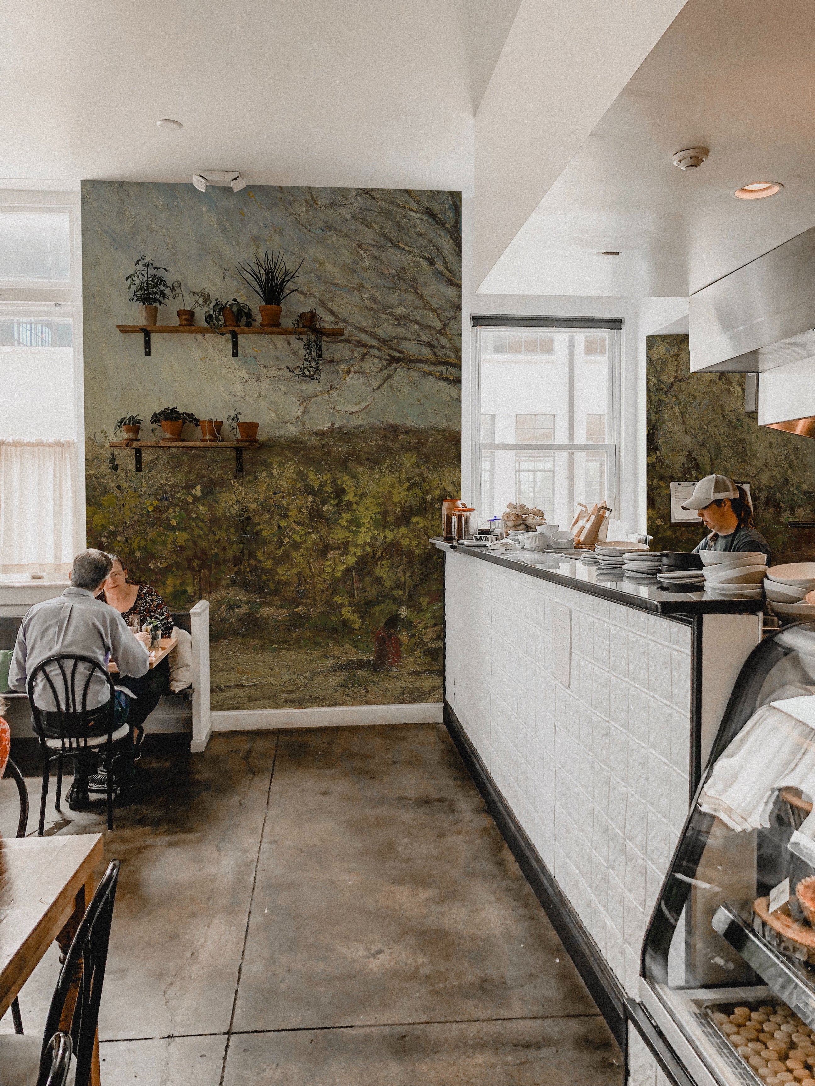 Vintage-style cafe interior with a rustic landscape wall mural. The scene on the wall creates a tranquil backdrop for the cafe setting, featuring wooden shelves with potted plants and simple seating arrangements