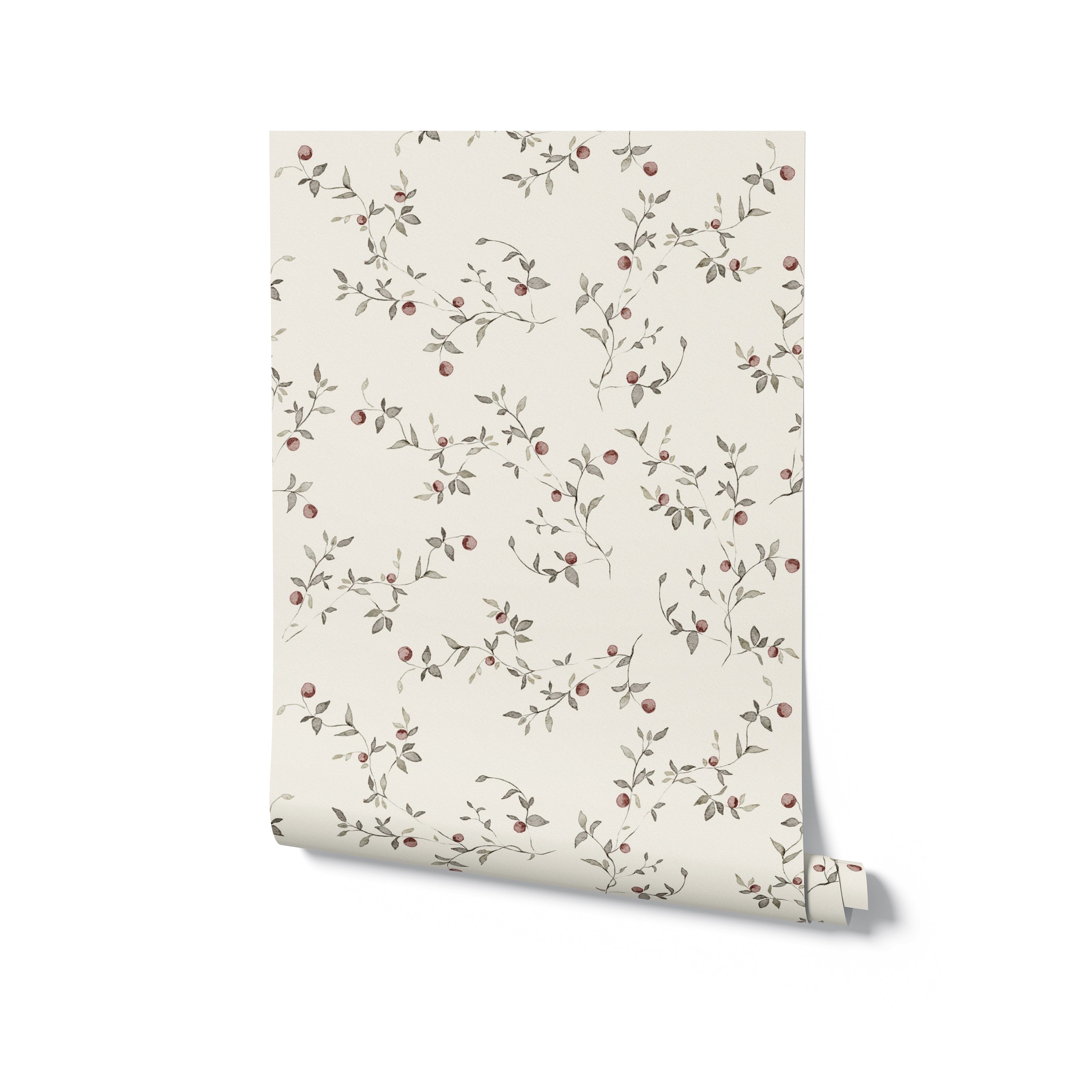 Cranberry Branches Wallpaper roll showcasing its delicate pattern of cranberry branches with small berries and leaves on a light background, perfect for adding a touch of nature to any room.