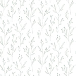 A close-up of the Dainty Minimal Floral - Light Sage wallpaper, displaying its simple yet graceful botanical print. The light sage green strokes form delicate leafy branches and tiny blooms, offering a tranquil and soothing pattern that repeats seamlessly across the surface, perfect for creating a serene backdrop in any room.