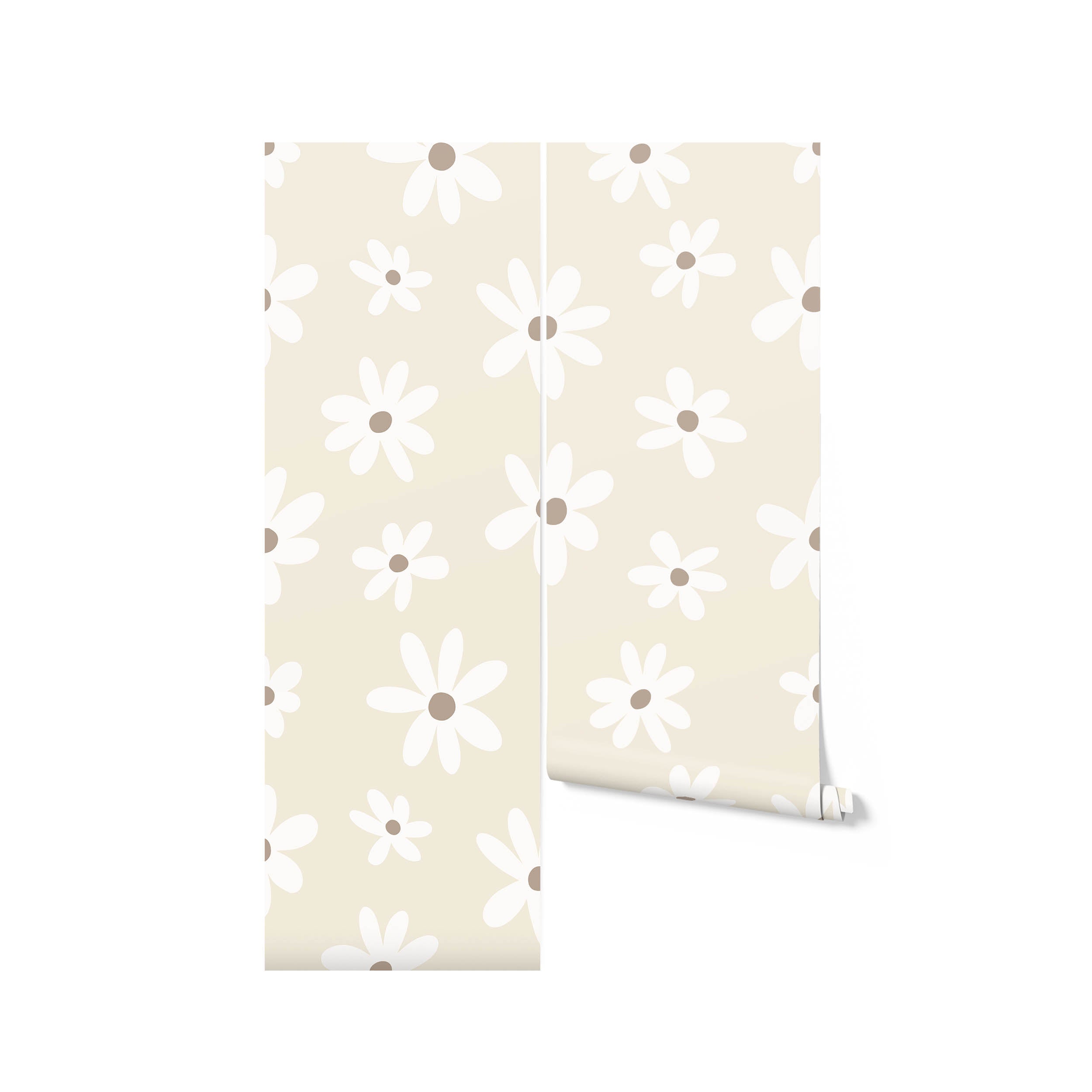 An image of a roll of the Simple Daisy Wallpaper, showing off the pattern of white daisies on a beige background. This wallpaper roll is ideal for anyone looking to infuse their living space with a bright, floral motif that is both simple and stylish.