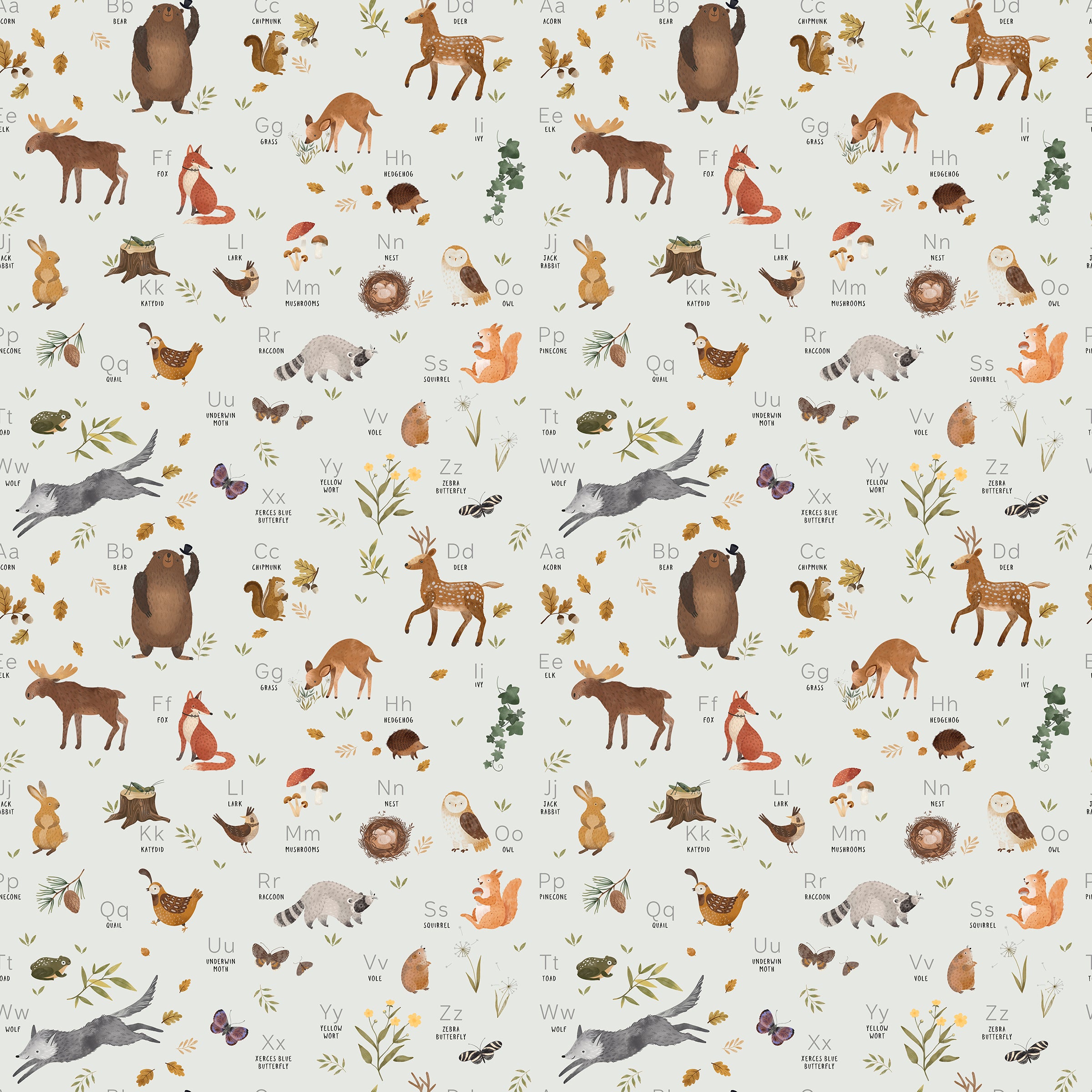 A detailed view of the 'Forest Alphabet Animal Wallpaper', showcasing an array of woodland creatures alongside letters of the alphabet. Illustrations include foxes, bears, deer, and more, interspersed with flora and fauna, all depicted in a charming, hand-drawn style against a light background.