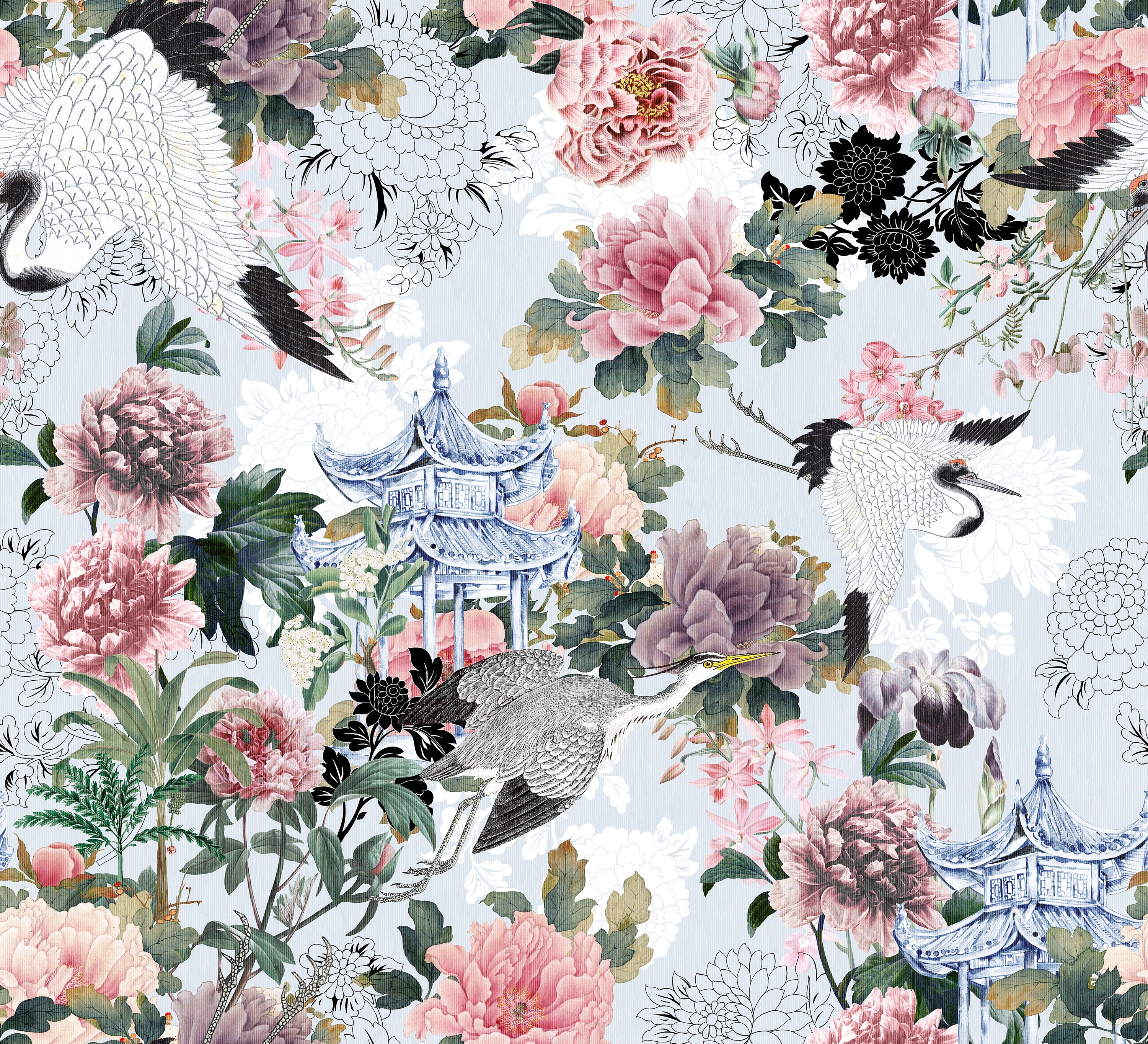 A detailed close-up of the Kyoto Dreams Wallpaper, featuring a sophisticated and intricate design of blooming peonies, traditional pagodas, and graceful cranes in a tranquil garden setting. The artwork blends soft pinks and whites with bold blacks, creating a stunning visual contrast against a light grey backdrop.