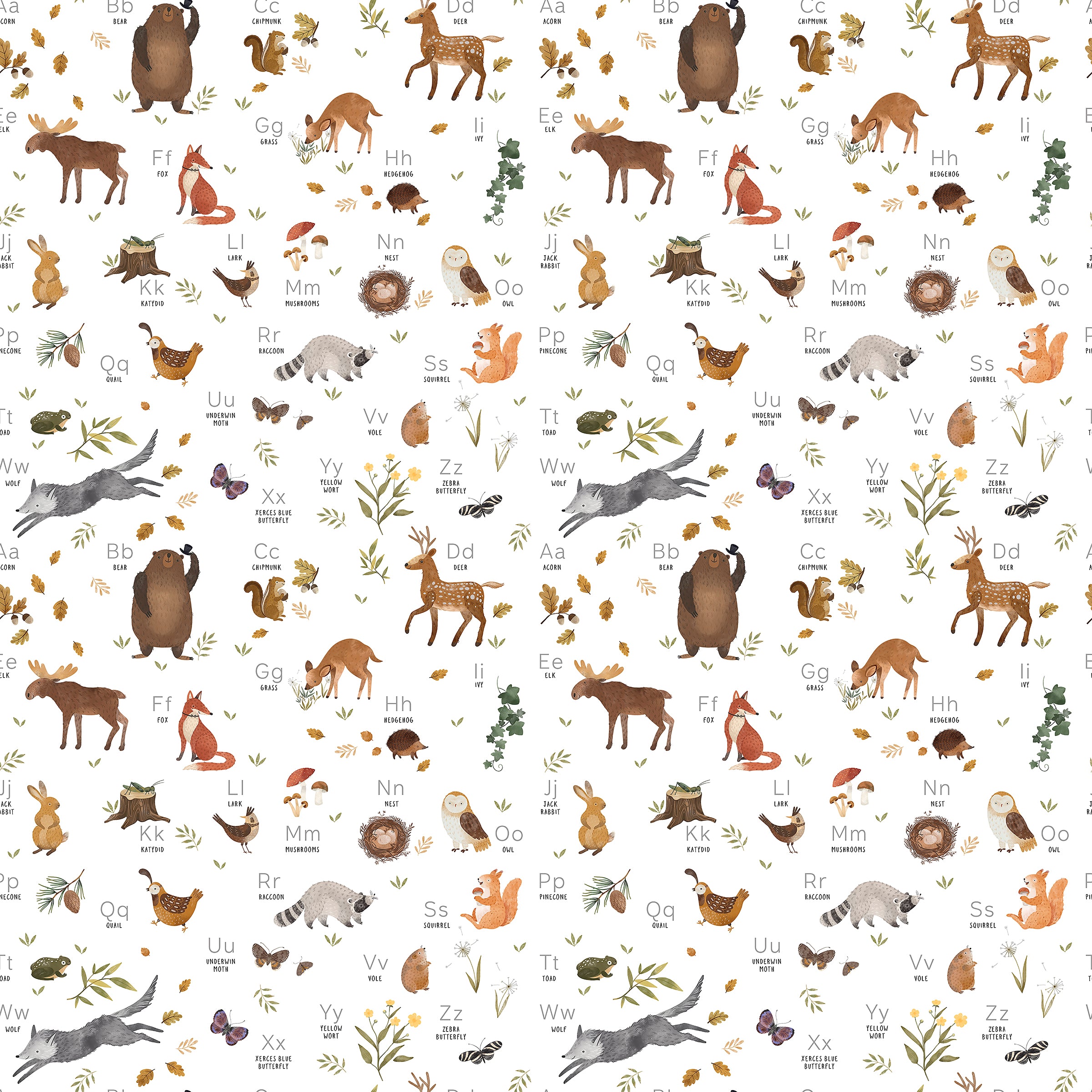 Close-up view of Forest Alphabet Animal Wallpaper II featuring a charming and educational design with an alphabet theme. Each letter is accompanied by a corresponding animal, such as 'A' for antelope and 'B' for bear, illustrated in a playful and colorful style against a white background