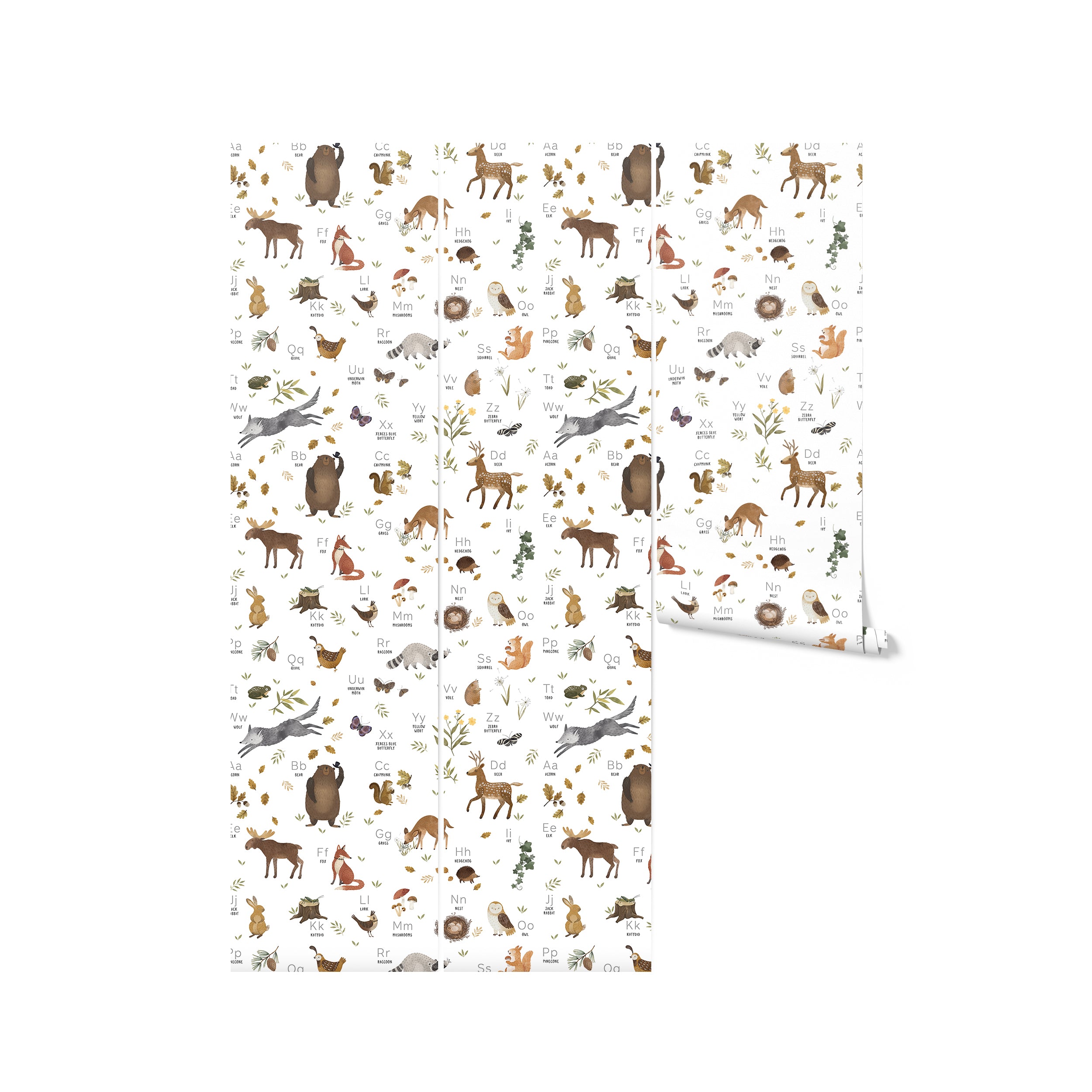 A roll of Forest Alphabet Animal Wallpaper II showing the continuous pattern of alphabet letters paired with corresponding forest animals in soft, earthy tones. This wallpaper is perfect for adding a whimsical yet educational element to children’s rooms or play areas.